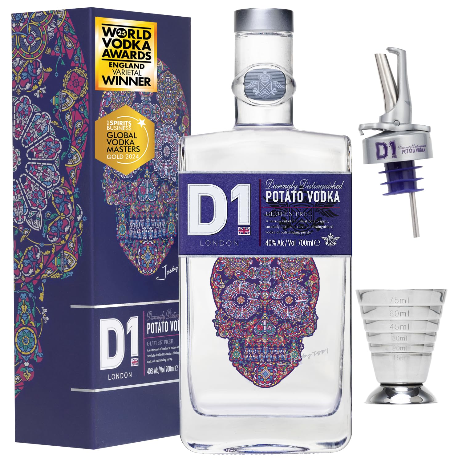 D1 London Spirits Vodka Geschenkset 70cl 40% ABV mit Cocktail Jigger & Ausgießer in Geschenkbox – World Awards 2025 Gold Winner – Premium Wodka – Perfekte Vodka Geschenke für Frauen & Männer