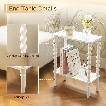 Fultyle White Narrow Side Table, Small End Table with Shelf, Bedside Table