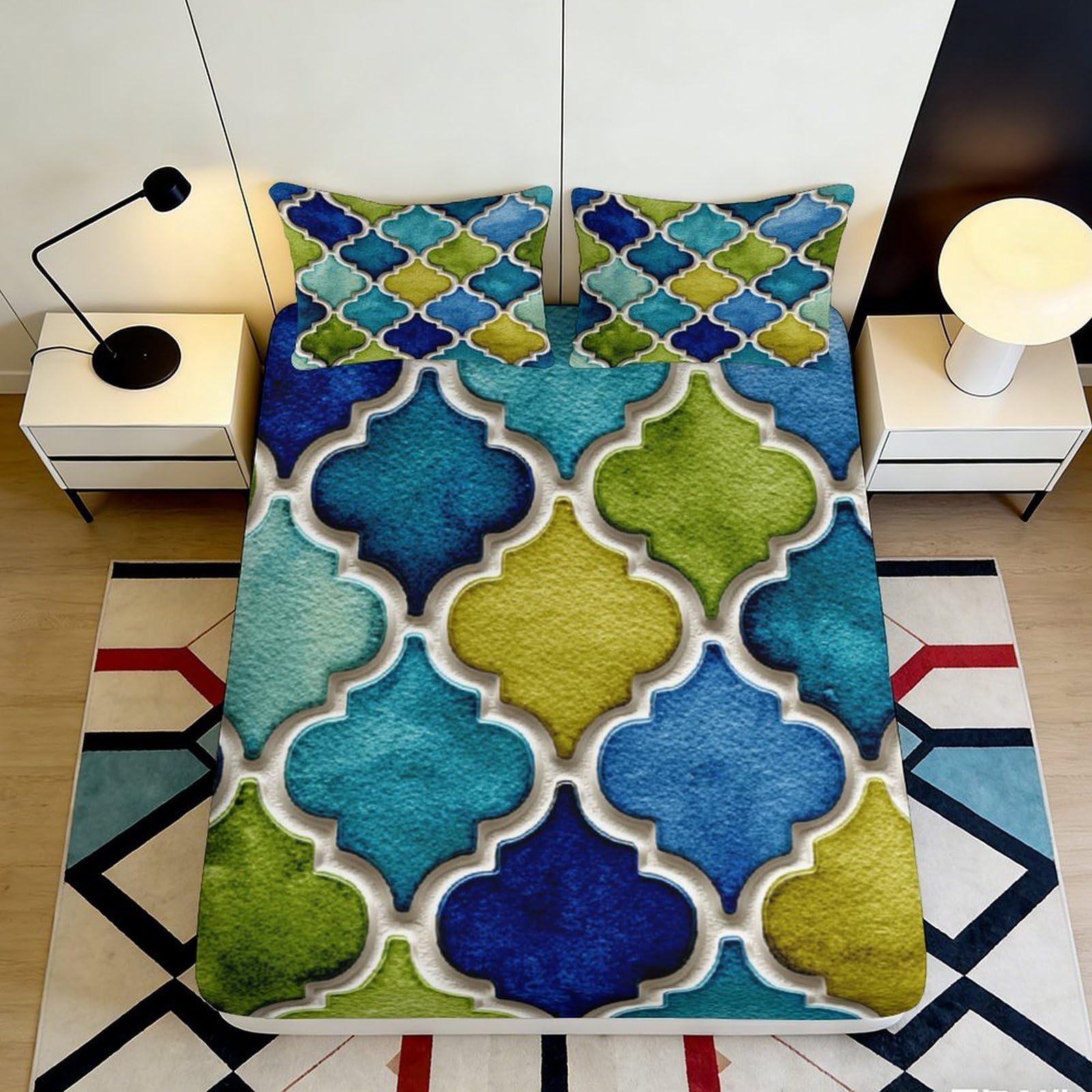 3D Printed Geometric Mosaic Fitted Sheet Microfiber Anti-Slip Mattress Cover Blue Green Pattern for Bedroom Dorm 120x200x25cm