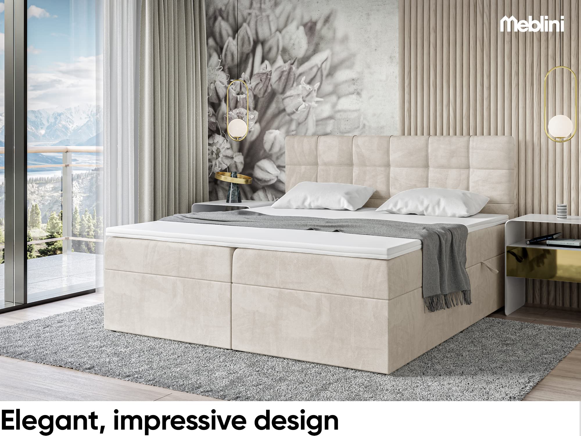 MEBLINI Boxspringbett mit Bettkasten - Gepolstert Doppelbett mit Matratze und Topper - Polsterbett mit Stauraum - Bett mit Kopfteil - Stauraumbett - TAPO 1-120x200 - H3/Creme Samt