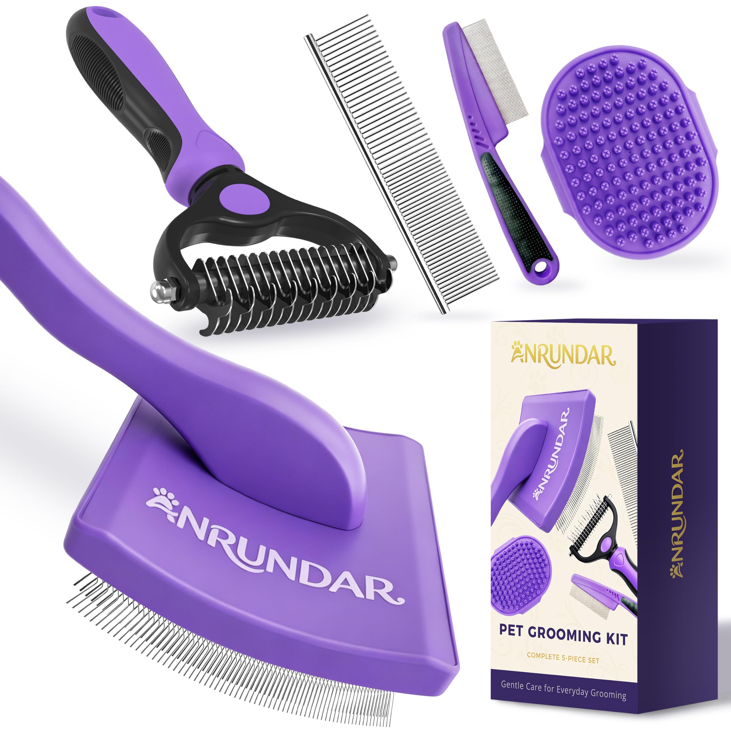Kit de aseo para perros con cepillo para perros, rastrillo de capa inferior, cepillo de baño, peine de metal y peine para pulgas, herramientas profesionales para Goldendoodles, caniches