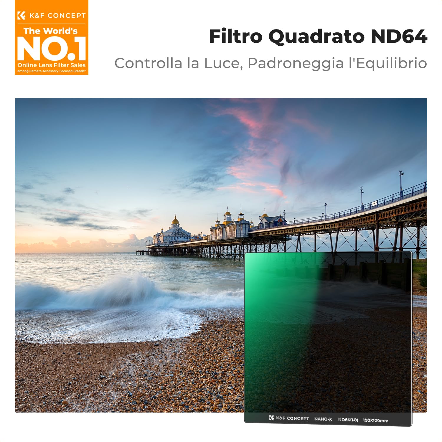 K&F Concept Nano-X Filtro Quadrato ND64 (6 stops) a Lastra 100x100mm in Vetro Ottico con 28 Strati Rivestimento Nano Compatibile Nano-X Porta Filtri per Lente