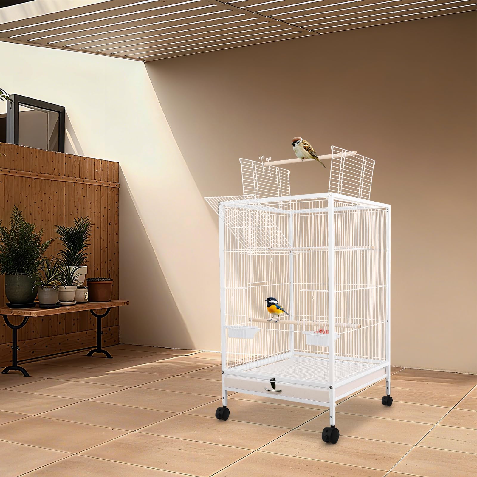 Jaula grande para pájaros, jaula interior para loros, pajarera de metal con ruedas de transporte, apertura hacia arriba, jaula para pájaros, 46 x 46 x 94 cm, jaula para periquitos con 3 perchas