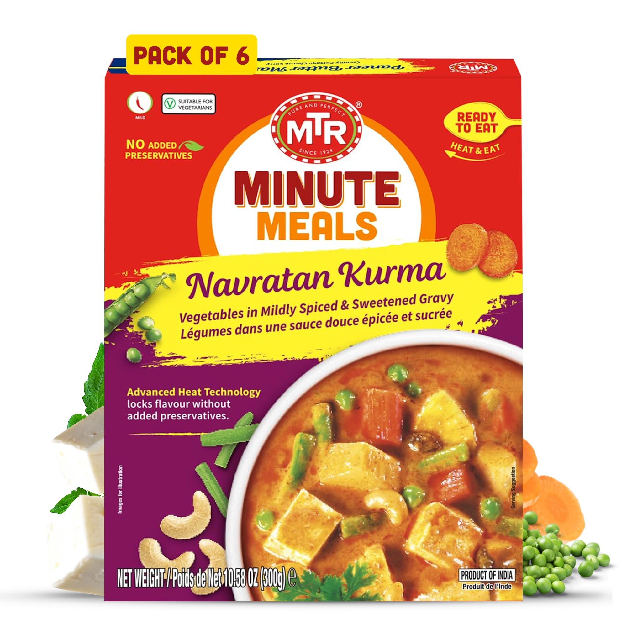MTR - Minute Meals: Navratan Kurma - Vegetables in Mildly Spiced & Sweetened Gravy - Tasty Indian Meal with No Added Preservatives - Suitable for Vegetarians, Ready in Minutes! (Pack of 6)