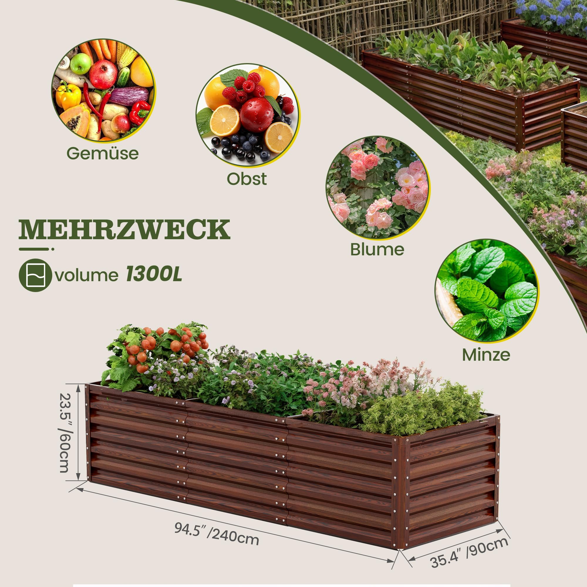 Amopatio Jardinière surélevée en Acier Galvanisé, Potager Extérieur/Balcon, Bac à Semis 1300L, 240 x 90 x 60 cm, Résistant aux Intempéries pour légumes, Fleurs, Acajou