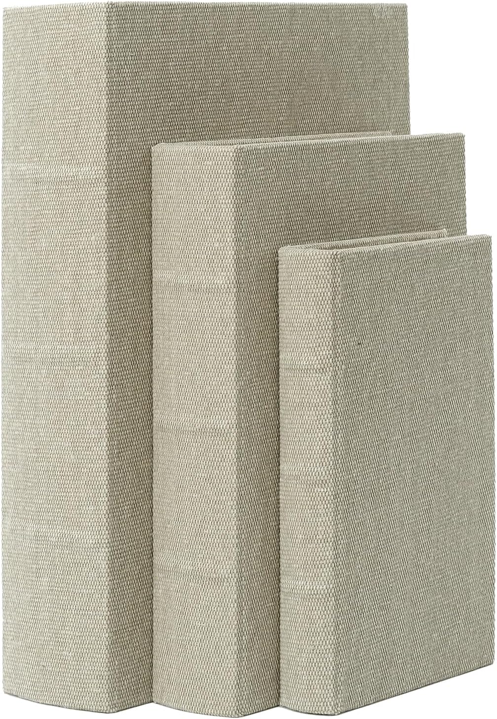 - DECOR4SEASON Decorative Book Boxes Set of 3 โ Modern Faux Linen & Wood Hidden Storage for Coffee Table โ Stackable Fake Books for Shelf Decor, Remote Control & Jewelry Organizer (Warm Taupe)
