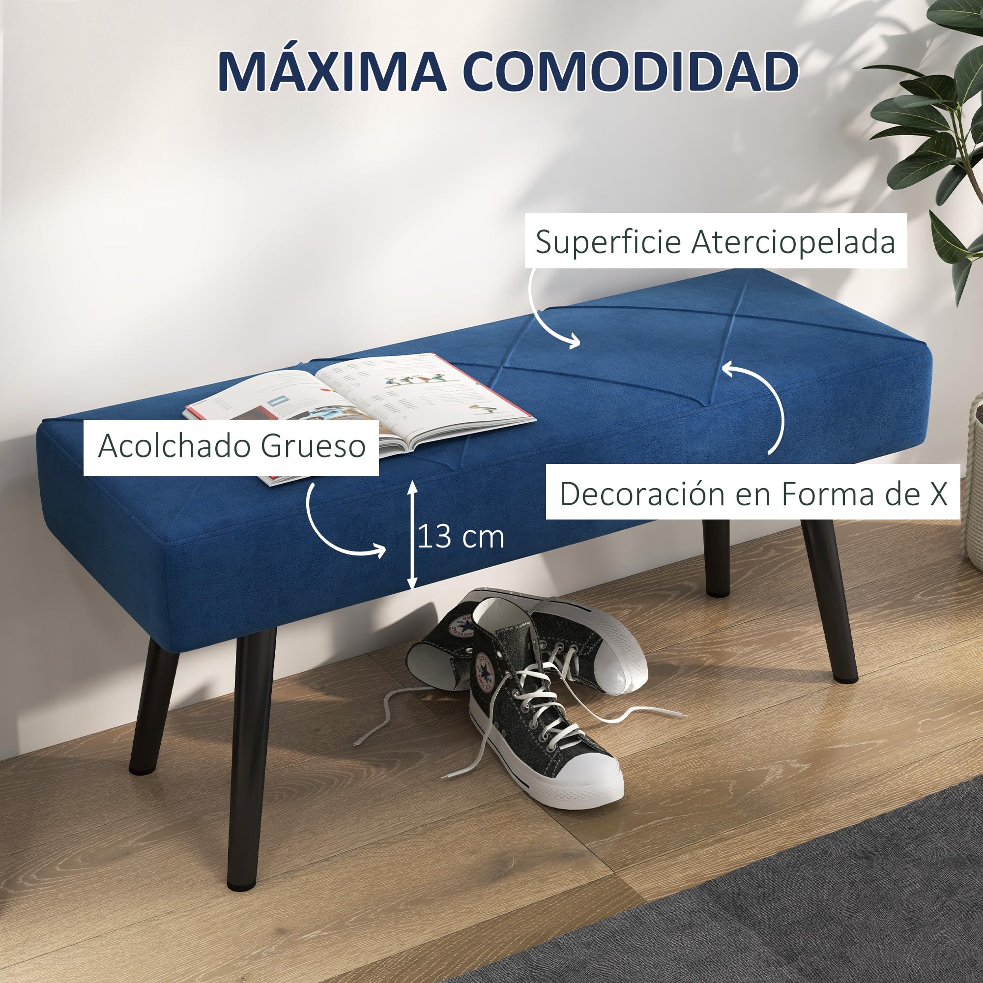 HOMCOM Taburete Pie de Cama Multifuncional, Banco Pie de Cama Moderno, Banco Dormitorio con Asiento Acolchado y Patas de Acero, Carga 120 kg, para Entrada, Pasillo, Salón, 100x36x45 cm, Azul Oscuro