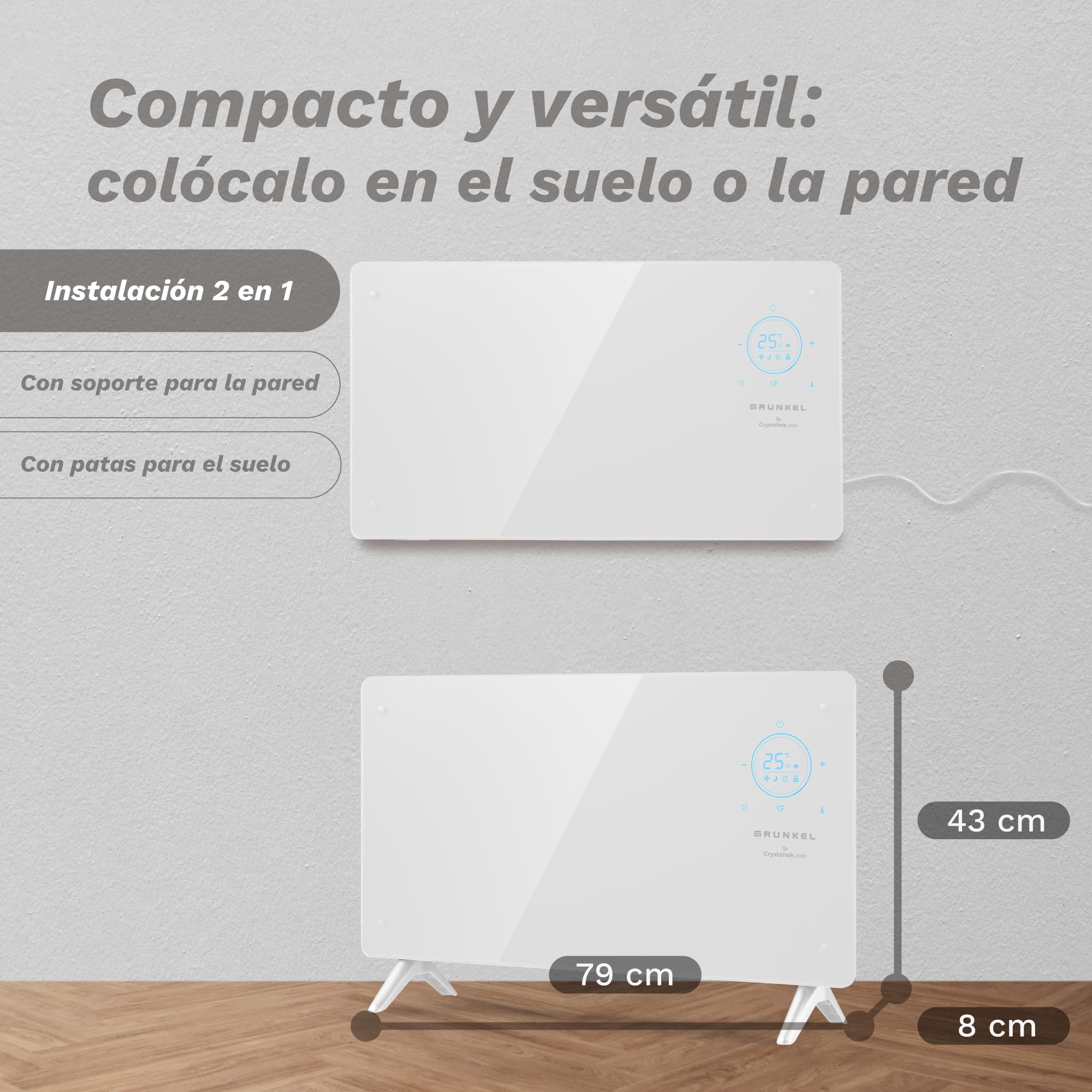 GRUNKEL - Thermo-Sender GP-2000CT 2000 W | Digitales Panel mit WLAN | 3 Leistungsstufen | 24-Stunden-Programmierung | regelbares Thermostat | mobile App | Glasscheibe | Kindersicherung