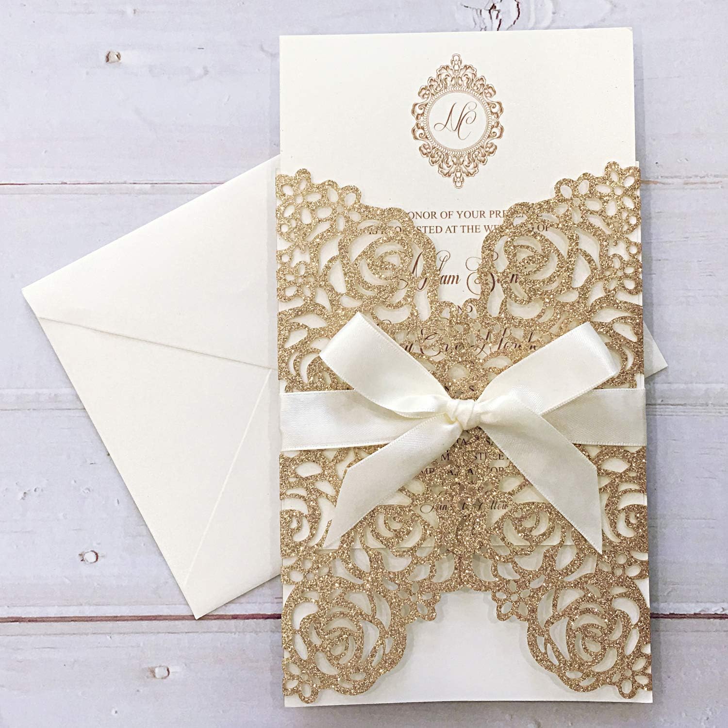 25PCS Wedding Invitations with Envelopes 128 x 185mm Lasercut Lace Gold Wedding Invitations Kit for Wedding Party, Bridal Shower