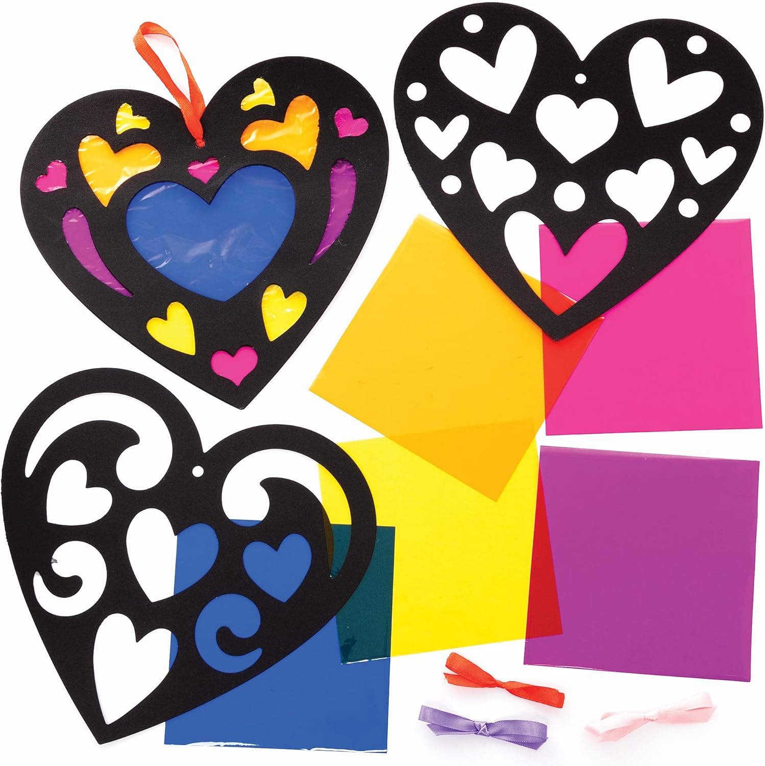 Baker Ross Heart Stained Glass Decoration Kits - Pack of 6, Valentines Crafts for Kids (FC440), various colours, 18cm