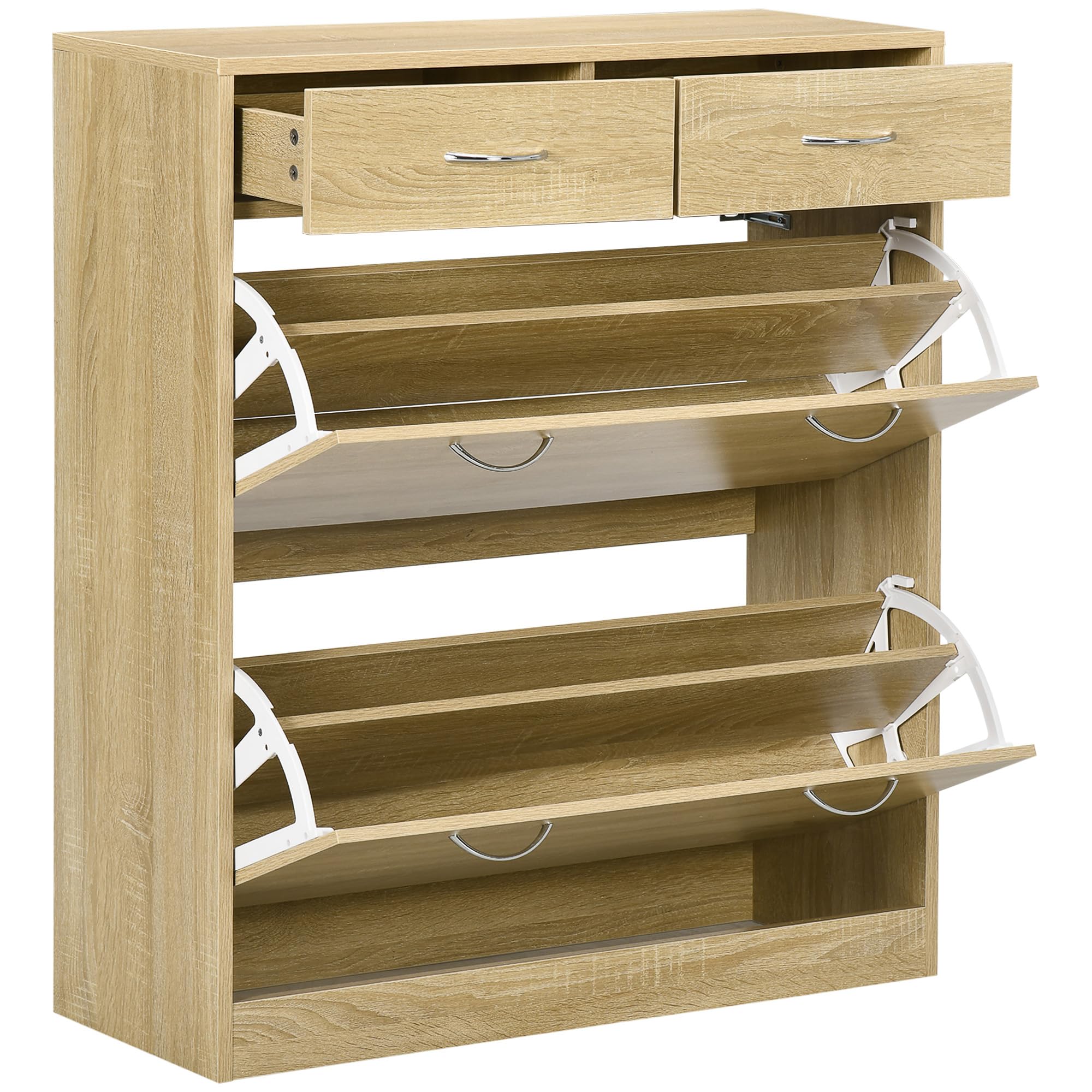 HOMCOM Armario de Zapatos Zapatero de Madera para 12 Pares de Zapatos con 2 Puertas Abatibles y 2 Cajones para Salón Pasillo 80x30x91,5 cm Roble