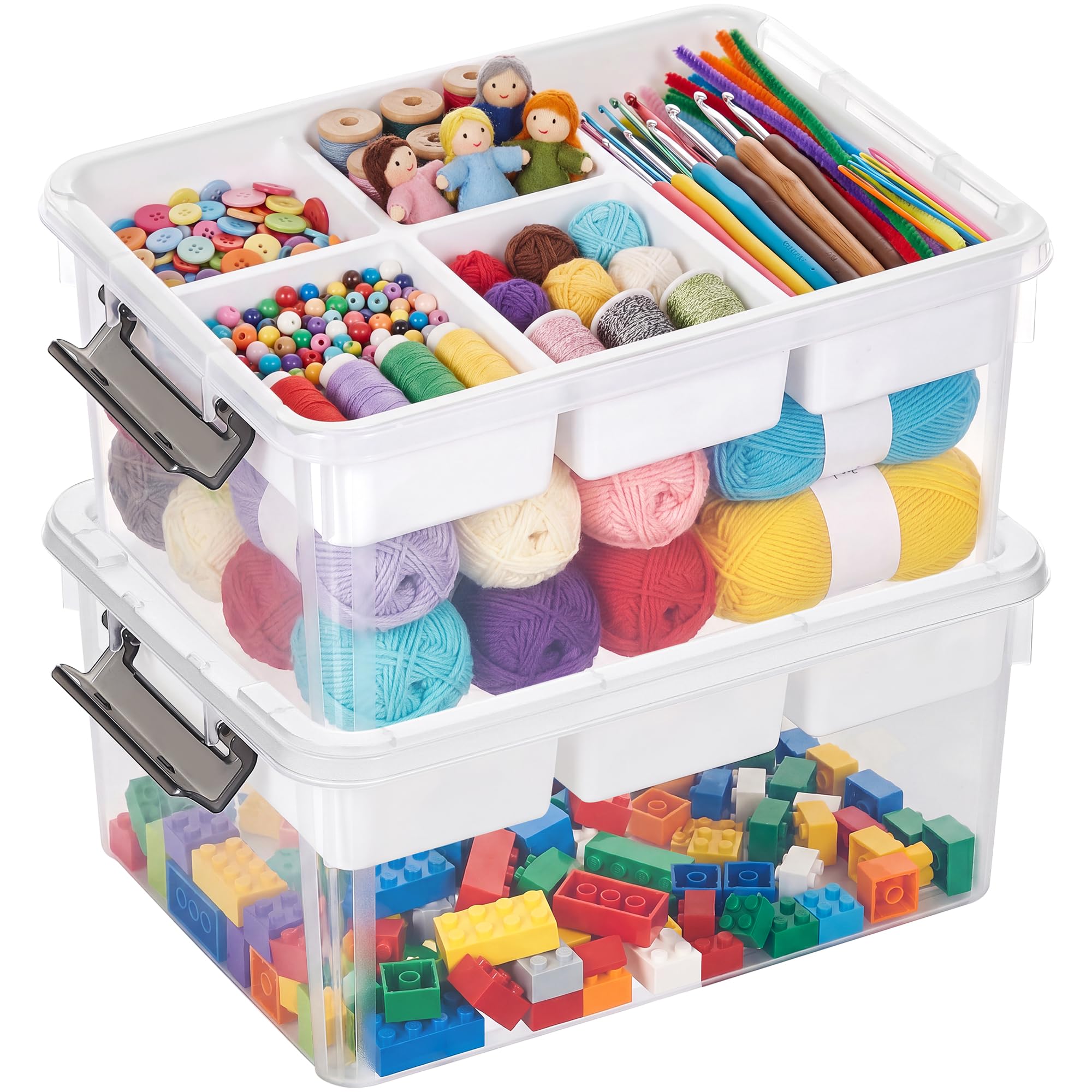 2PCS 16L Aufbewahrungsboxen für Bausteinen mit Deckel, Multifunktionale Kisten mit Abnehmbarem Tablett, Stabile Plastikbox, Bastelaufbewahrungs box für Organisation von Werkzeug, Handwerk, Wollgarn