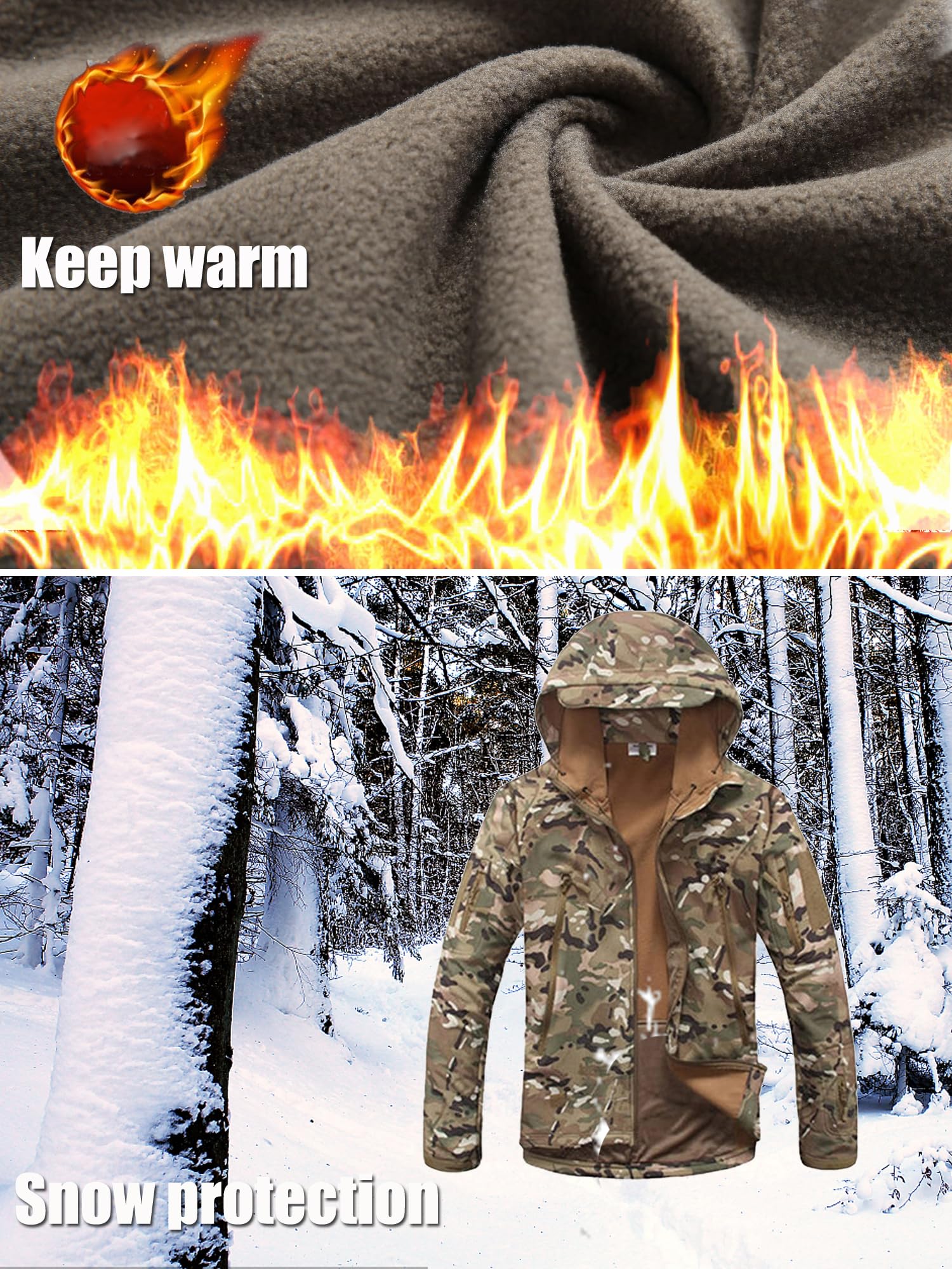Kelmon Uomo Tattico Softshell Giacca Multifunzionale Outdoor Camouflage Militare Pile Fodera Impermeabile Antivento Calda Cappuccio Cappotto