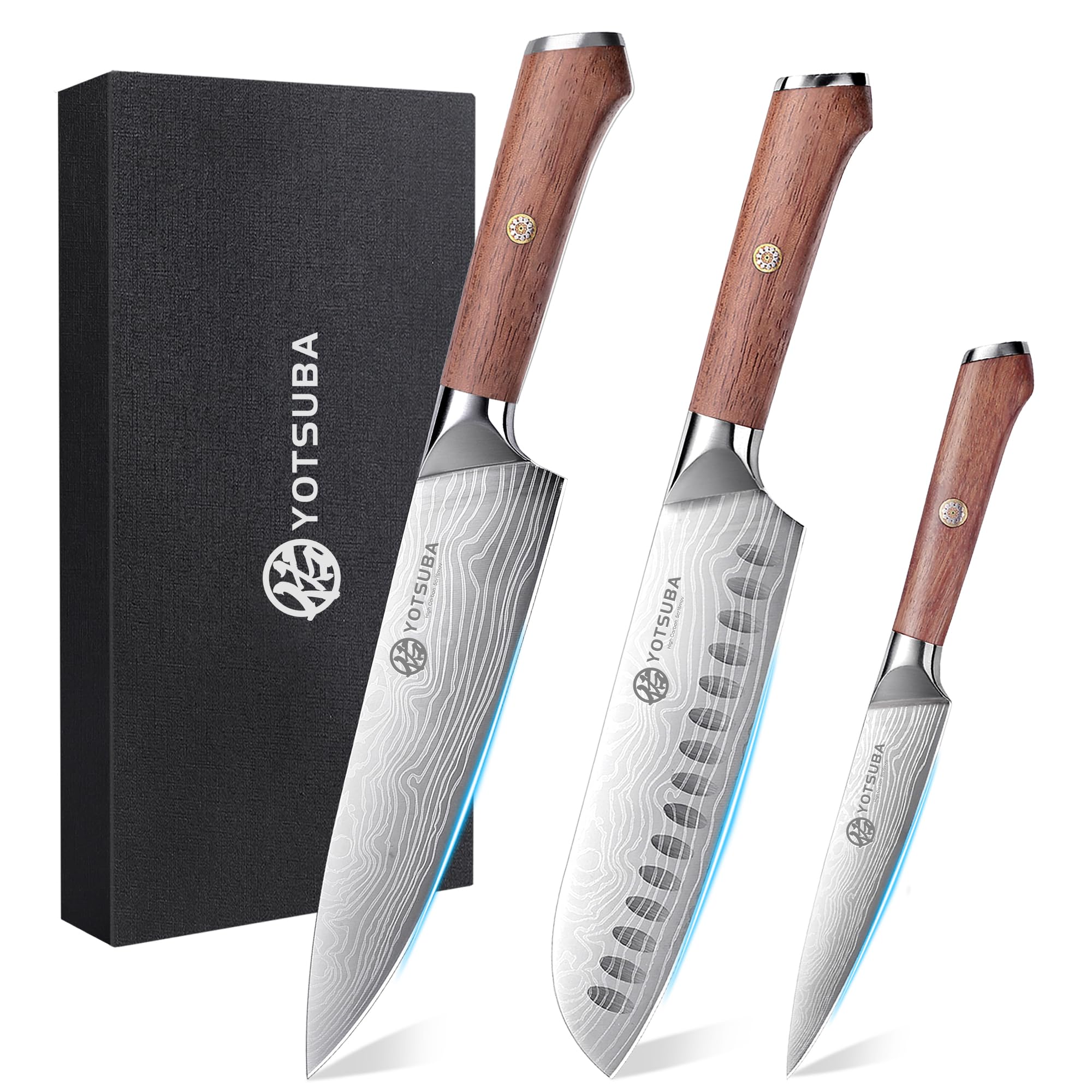 YOTSUBA Messerset 3-teilig, Japanisches Küchenmesser set Hochwertigem Carbon Edelstahl, Ultra Scharfes Messer Set mit Chefmesser Santokumesser Allzweckmesser