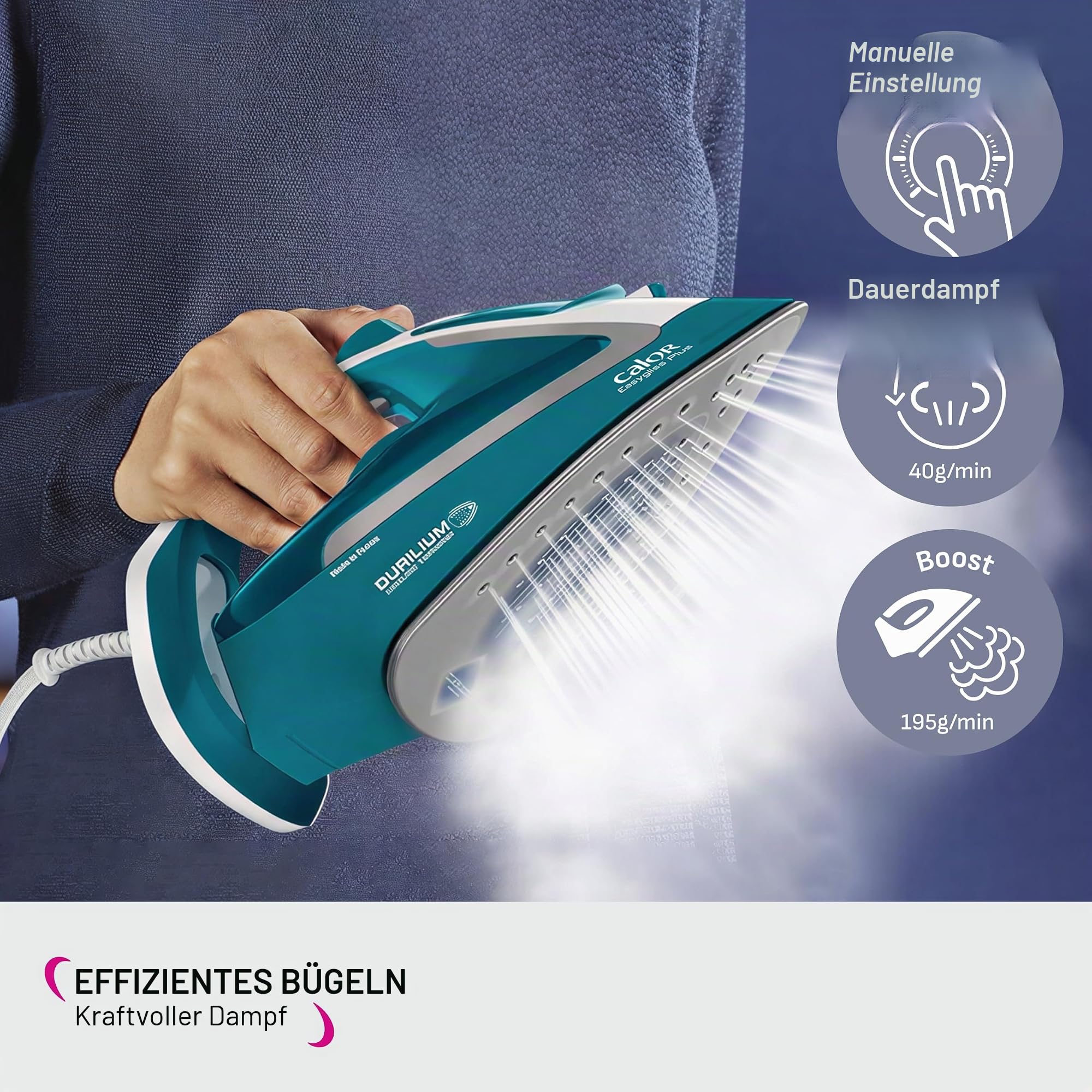 Calor Easygliss Plus Dampfbügeleisen, 2500 W, Dauerdampf 40 g/min, Pressing 195 g/min, Durilium Airglide Bügelsohle, FV5719C0, türkis