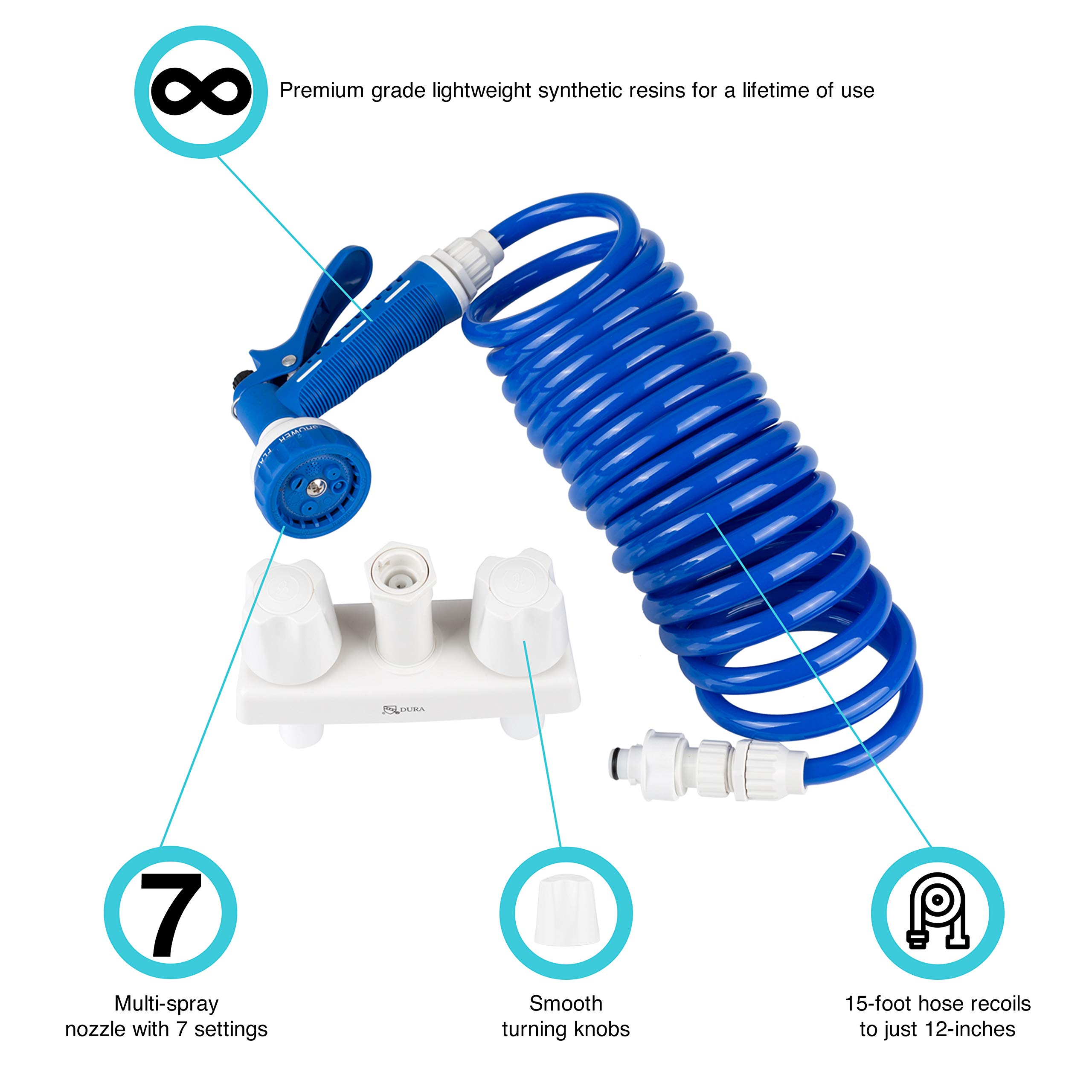 Dura Faucet Grifo de conexión rápida para exteriores y caravanas con manguera de bobina y boquilla de pulverización múltiple
