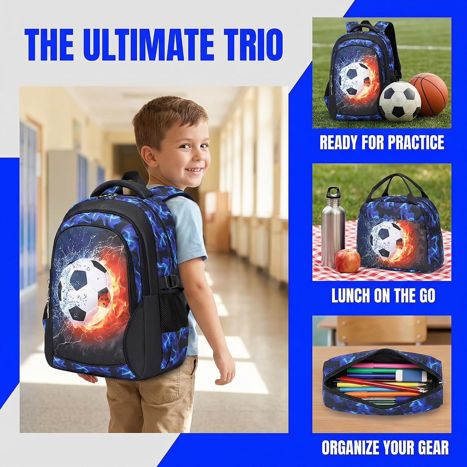 Jumpopack Boys Backpack Soccer Backpacks School Backpacks for Boys Elementary School Bag Bookbag World Cup Kids Backpack with Lunch Box,Soccer Print