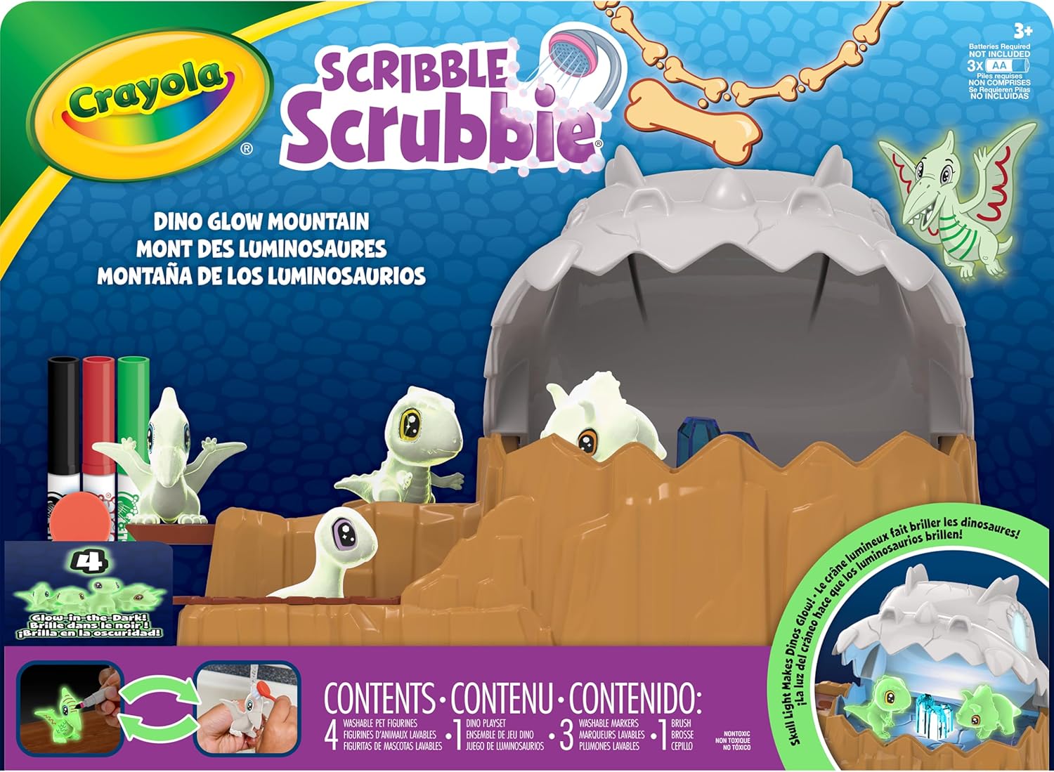 Crayola Scribble Scrubbie Dino Glow Mountain Playset, 4 Glow‑in‑the‑Dark Dino Pets with Light‑Up Charging Mountain, Washable Pet Activity, Birthday Gift for Kids, Ages 3+