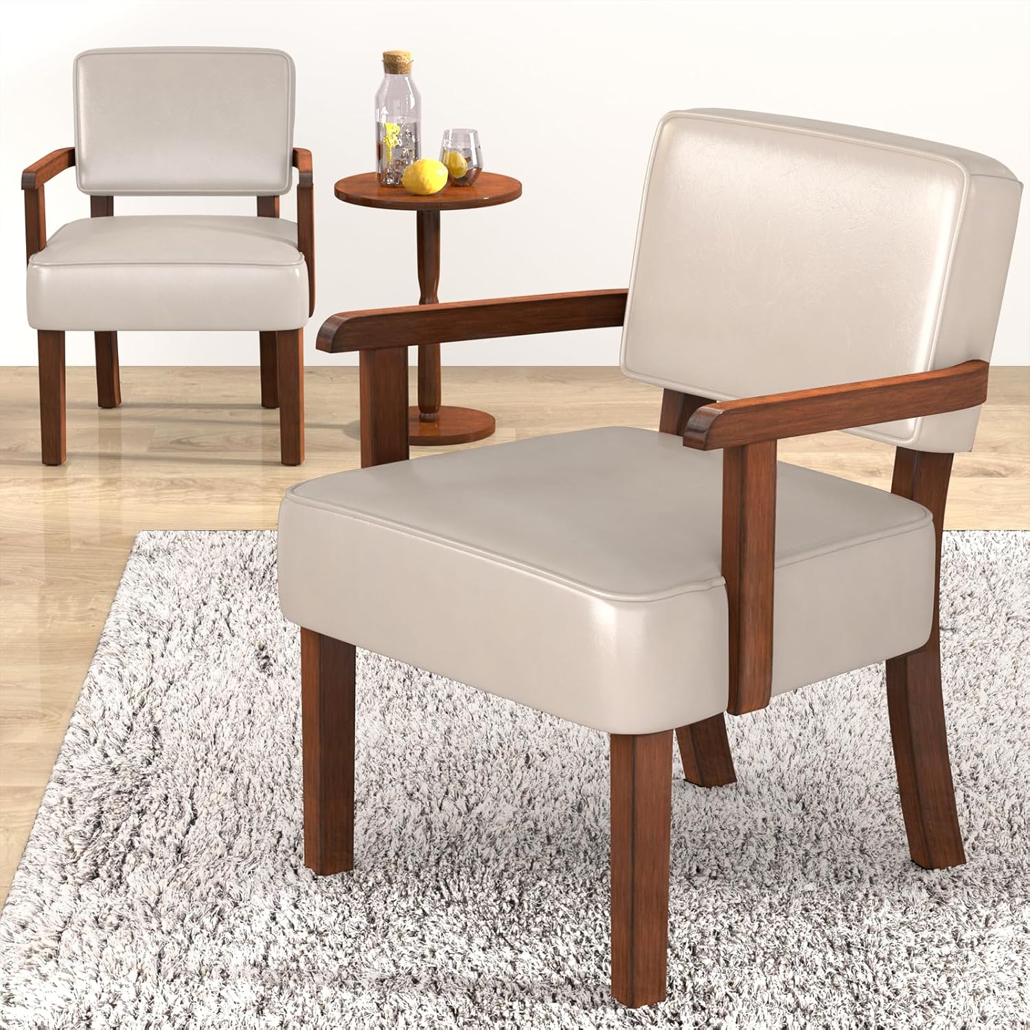 Accent Chair Set of 2 with Table, PU Leather Chair for Living Room Oversized Armchair with Soft Seat and Armrests for Bedroom Dinning Reading Waiting Room (Leather Beige)
