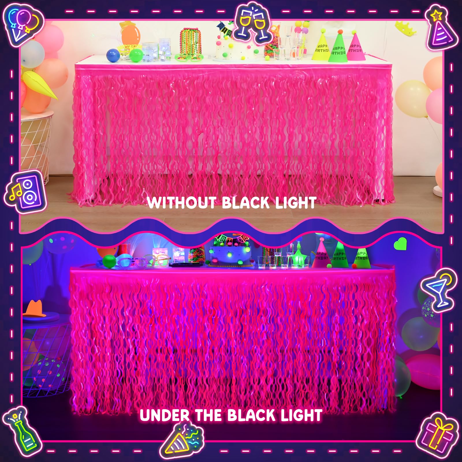 Mega-L Glow in The Dark Party Supplies, 2 Pack Neon Party Decorations Fluorescent Macaron Fuchsia Wavy Metallic Tinsel Foil Fringe Table Skirts, Perfect Table Decors for Glow Party, Birthday Decor