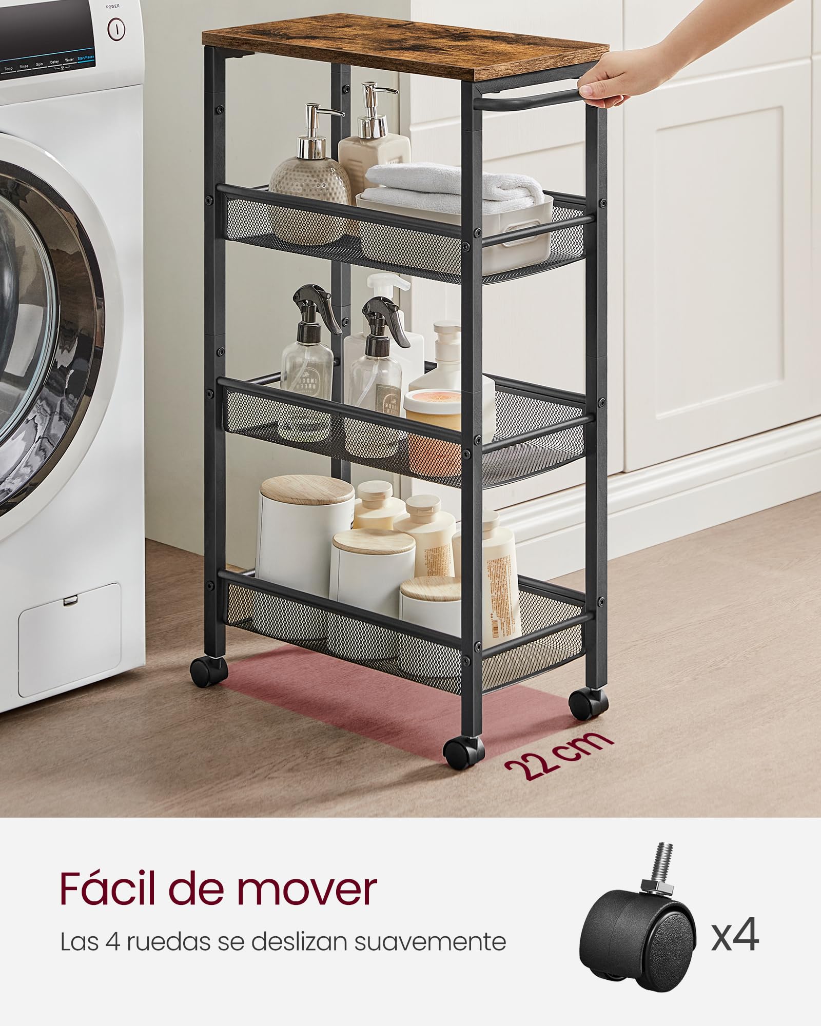 VASAGLE Carro de 4 Niveles, Carro Estrecho de Cocina con Ruedas, con Asa, para Espacio Reducido, 22 x 45,4 x 77 cm, para Cocina, Baño, Salón, Estudio, Marrón Rústico y Negro LRC033B01