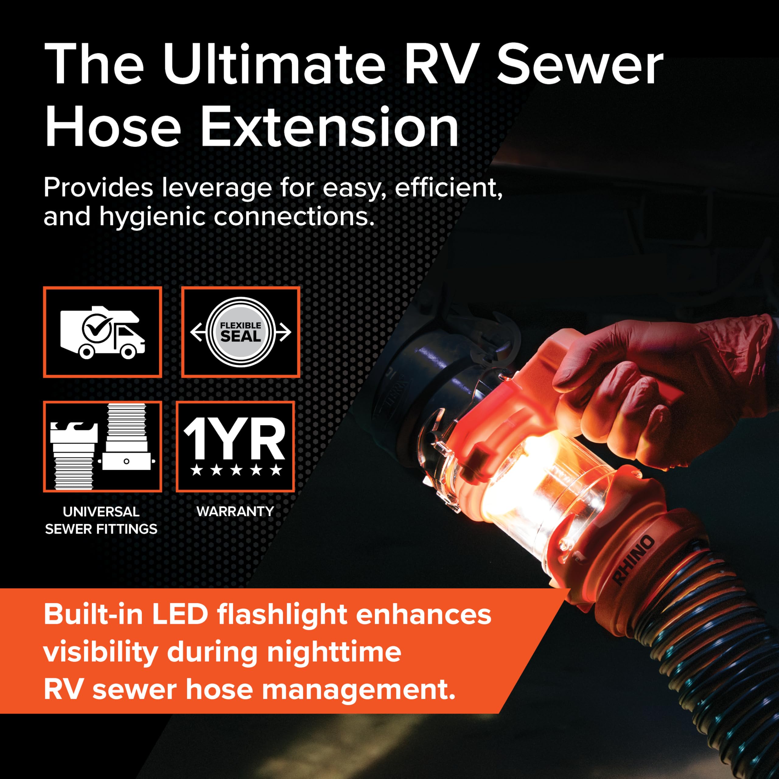 Camco Rhino 39570 Wohnmobil-Abwasserschlauchverlängerung – 12,7 cm – Drehmomentgriff mit integrierter LED-Taschenlampe – der einfachste Weg, Ihren Wohnmobil-Abwasserschlauch anzuschließen