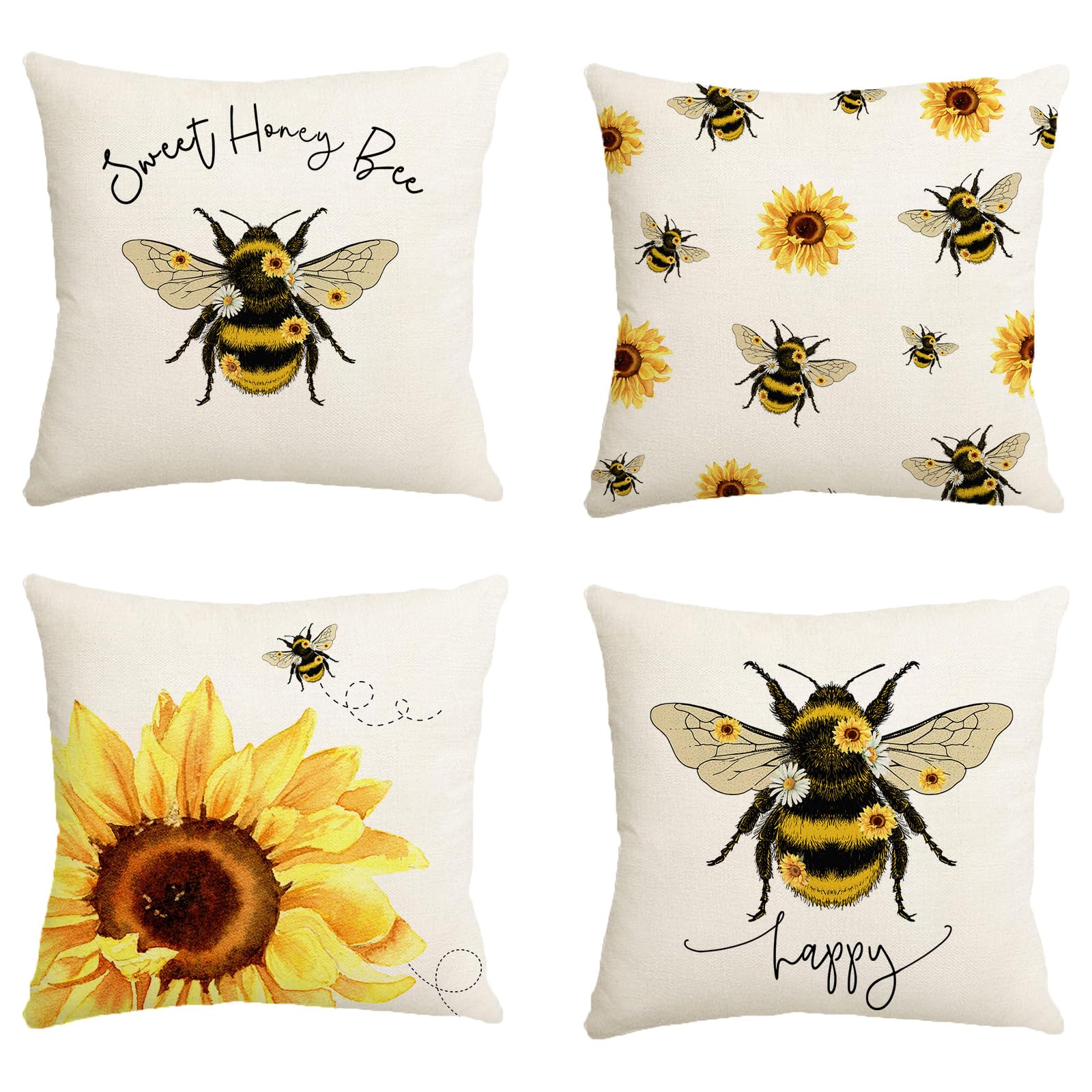 Avezano Bee Cushion Covers 45 x 45 cm Sunflower Bee Decorative Cushion Covers Sweet Honey Bee Pillow Covers for Sofa Couch Bed Home Decorations Set of 4