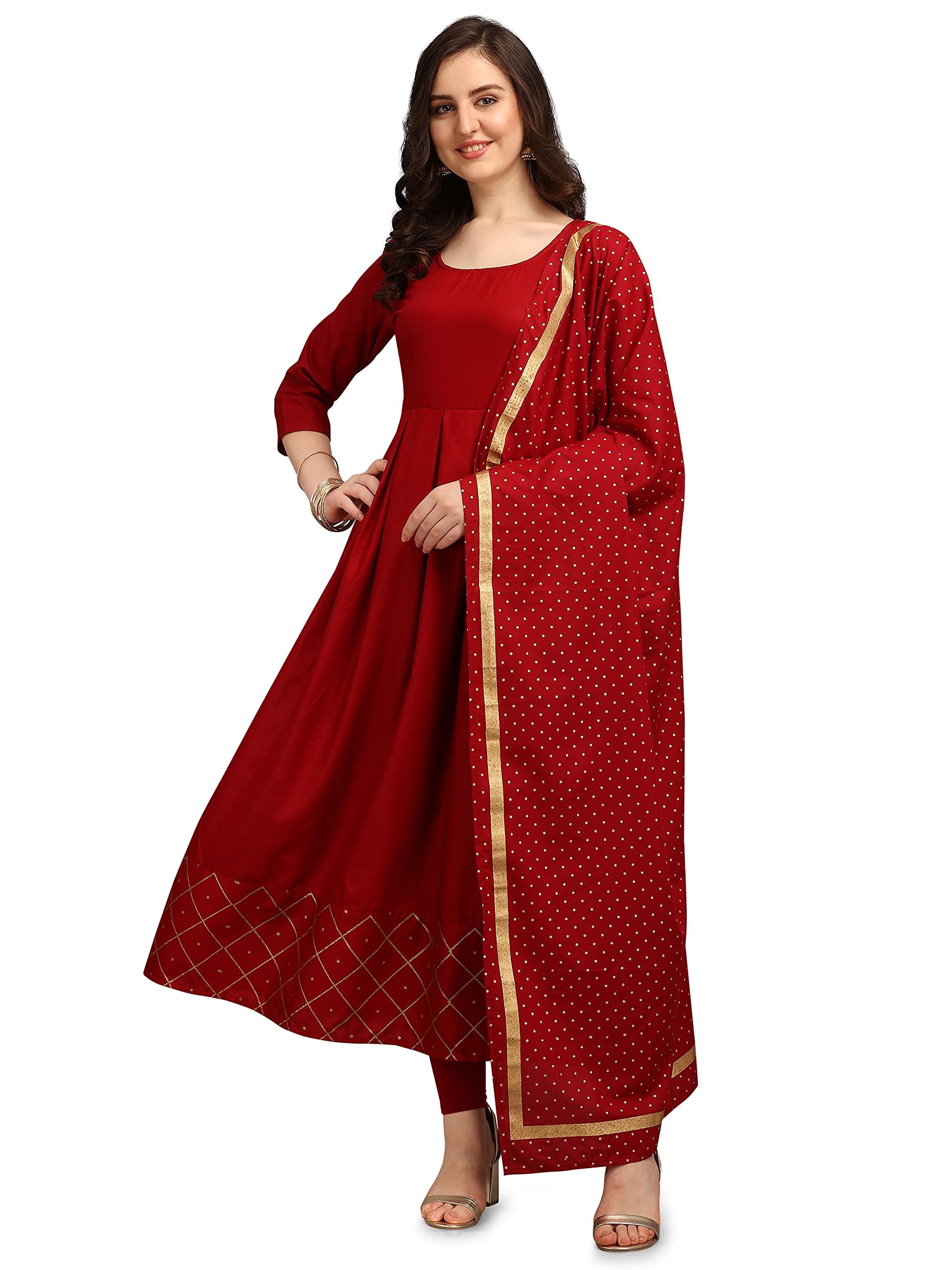 EthnicJunction Women's Cotton Rayon Foil Print Anarkali Kurta with Dupatta Set