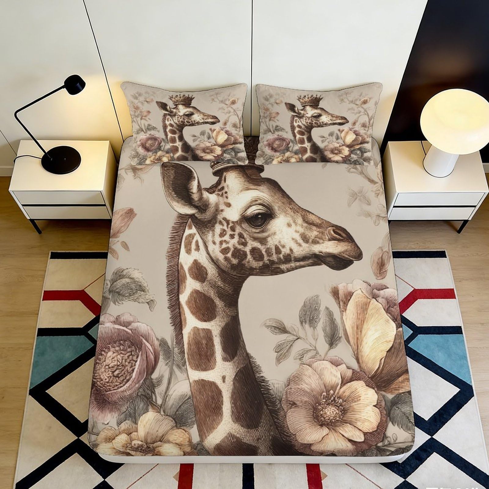 3D Printed Giraffe Animal Fitted Sheet Microfiber Soft Breathable Floral Bed Cover for Bedroom Dormitory Guest Room Mattress Protection Decor 180x200x25cm