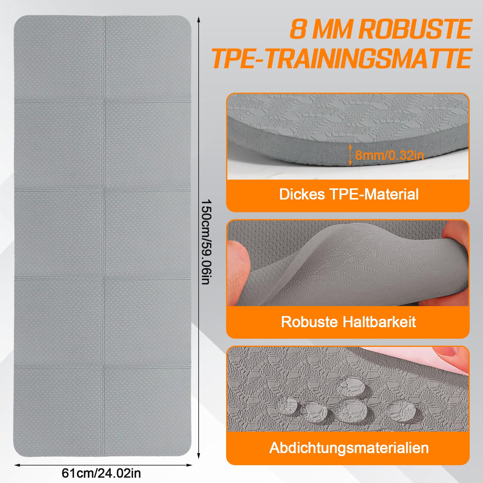 Bodenschutzmatte Fitnessgerät, Faltbare Laufband Matte 150×61 cm, 8 mm TPE Trainingsmatte rutschfest, Geruchsneutral Stoßdämpfend Wasserfest Sport Matte für Laufbänd, Ellipsentrainer (150×61×0.8cm)