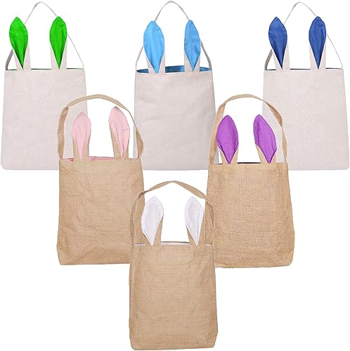 Paquete de 6 bolsas de conejo de Pascua, cestas de Pascua con orejas de conejo, bolsas de regalo de tela de yute de arpillera para caza de huevos de