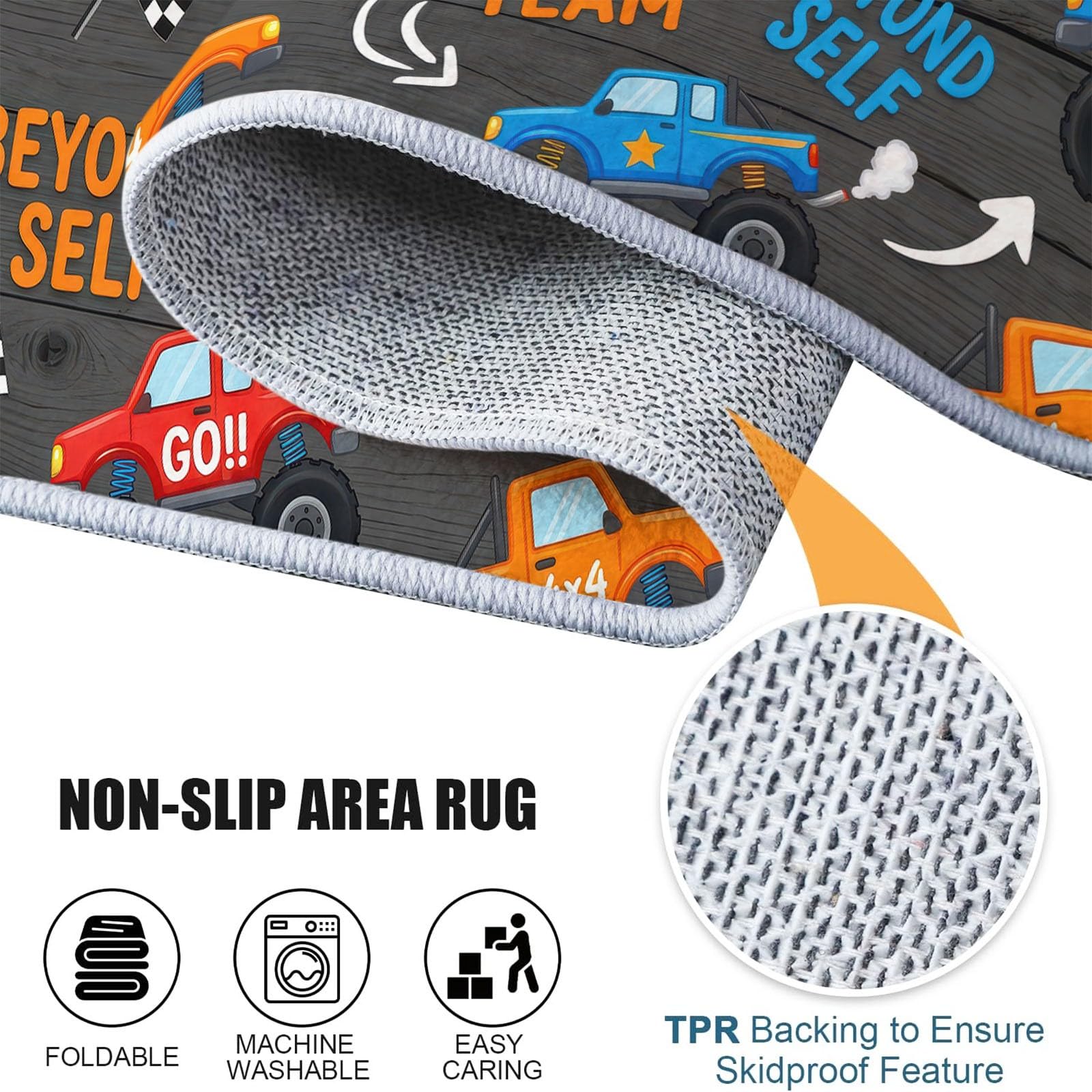 Cartoon Tapis Salon - Lavable Tapis Imprimé, Camions Pneus Mots Manuscrits Flèches - Doux Moquette pour Chambre, Tapis Descente De Lit Antidérapant, Salle à Manger - Gris Foncé 140 x 200 cm