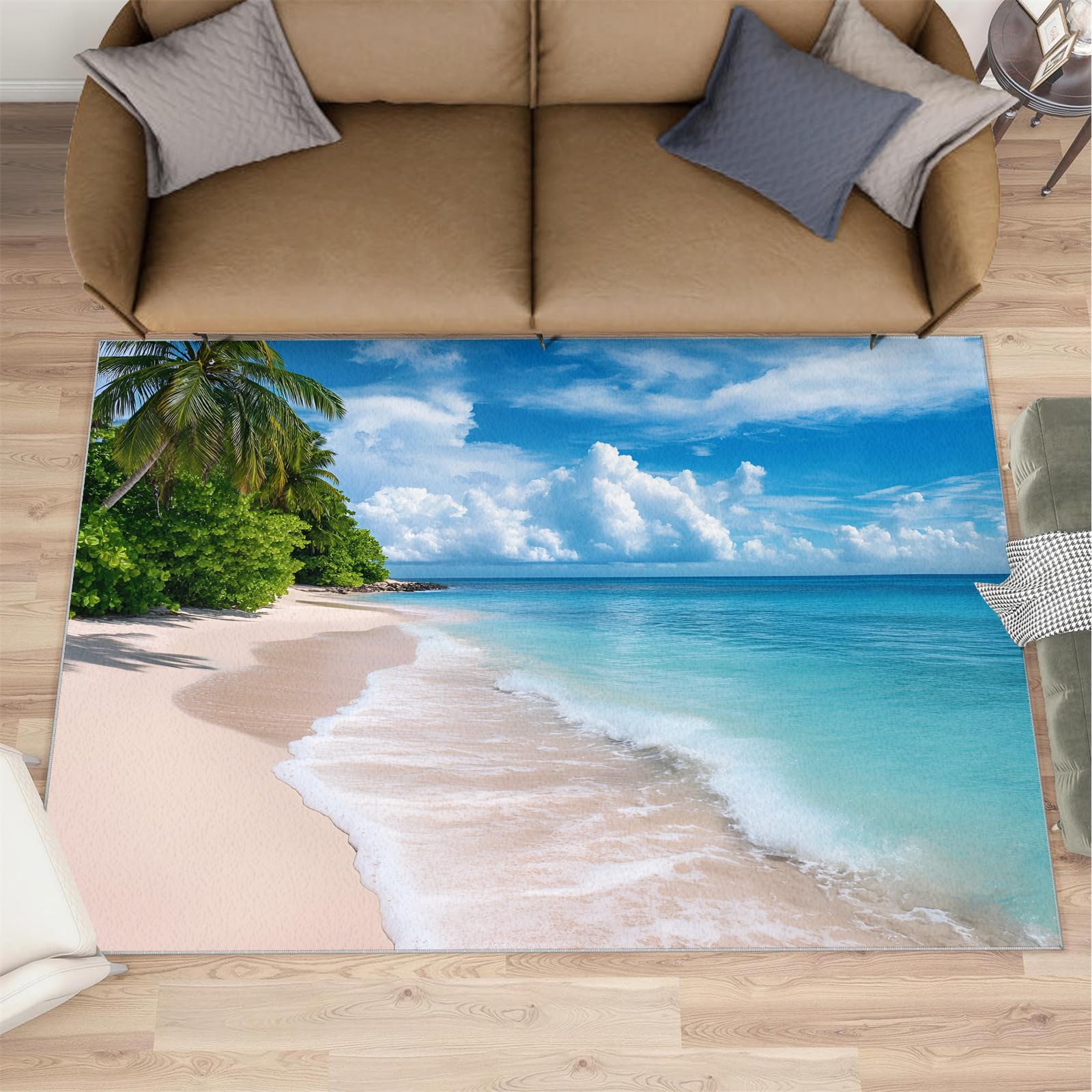 Grand tapis de salon 160x230 cm motif plage sable sans perte de poils