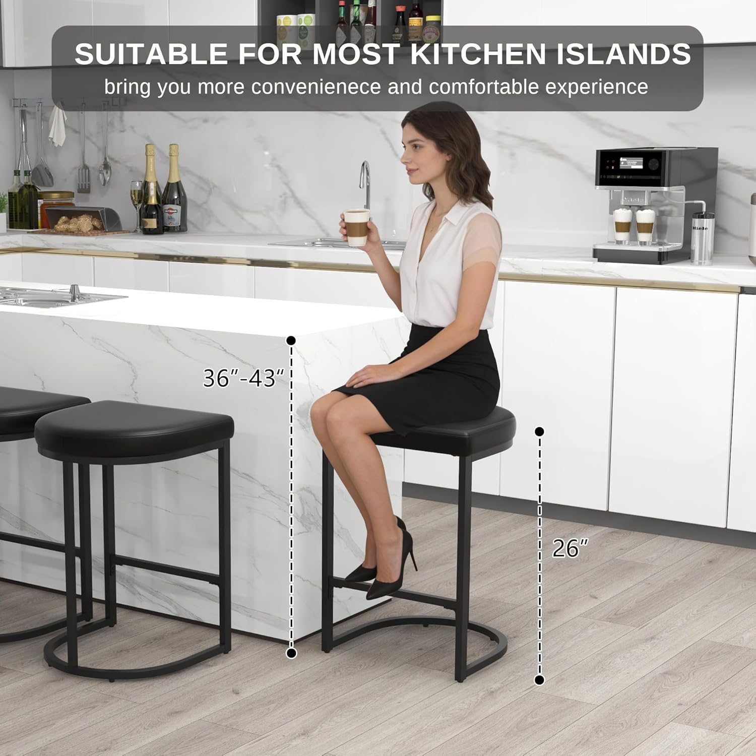 KCC Bar Stools Set of 4, 26 Inch Counter Height Stools, PU Leather Upholstered Bar Chairs with Metal Frame, Modern Bar Stools for Kitchen Island, Dining, Living Room, Black