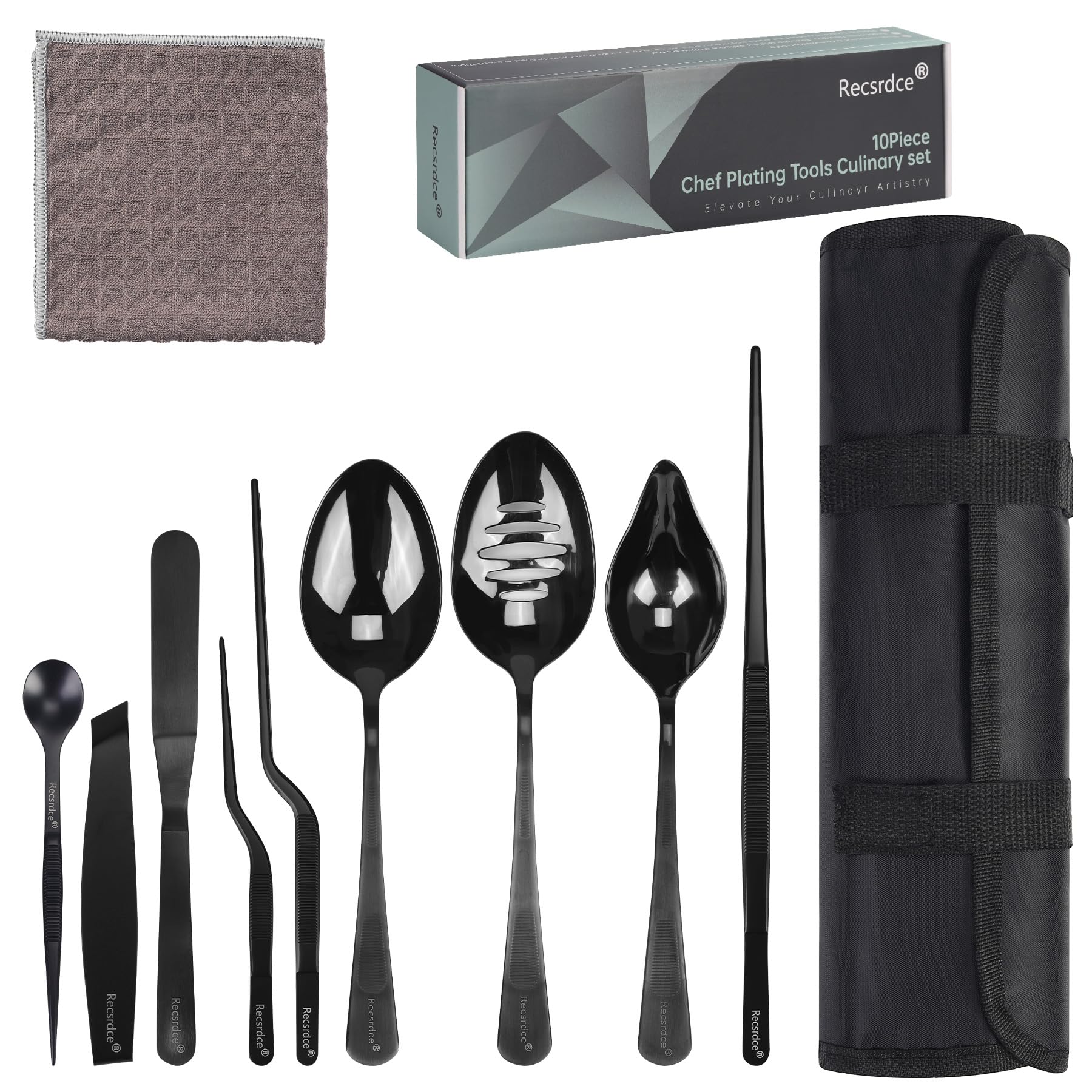 Professional Stainless Steel Culinary Plating Set, 10 Pieces with Tweezers, Spoons, Spatula