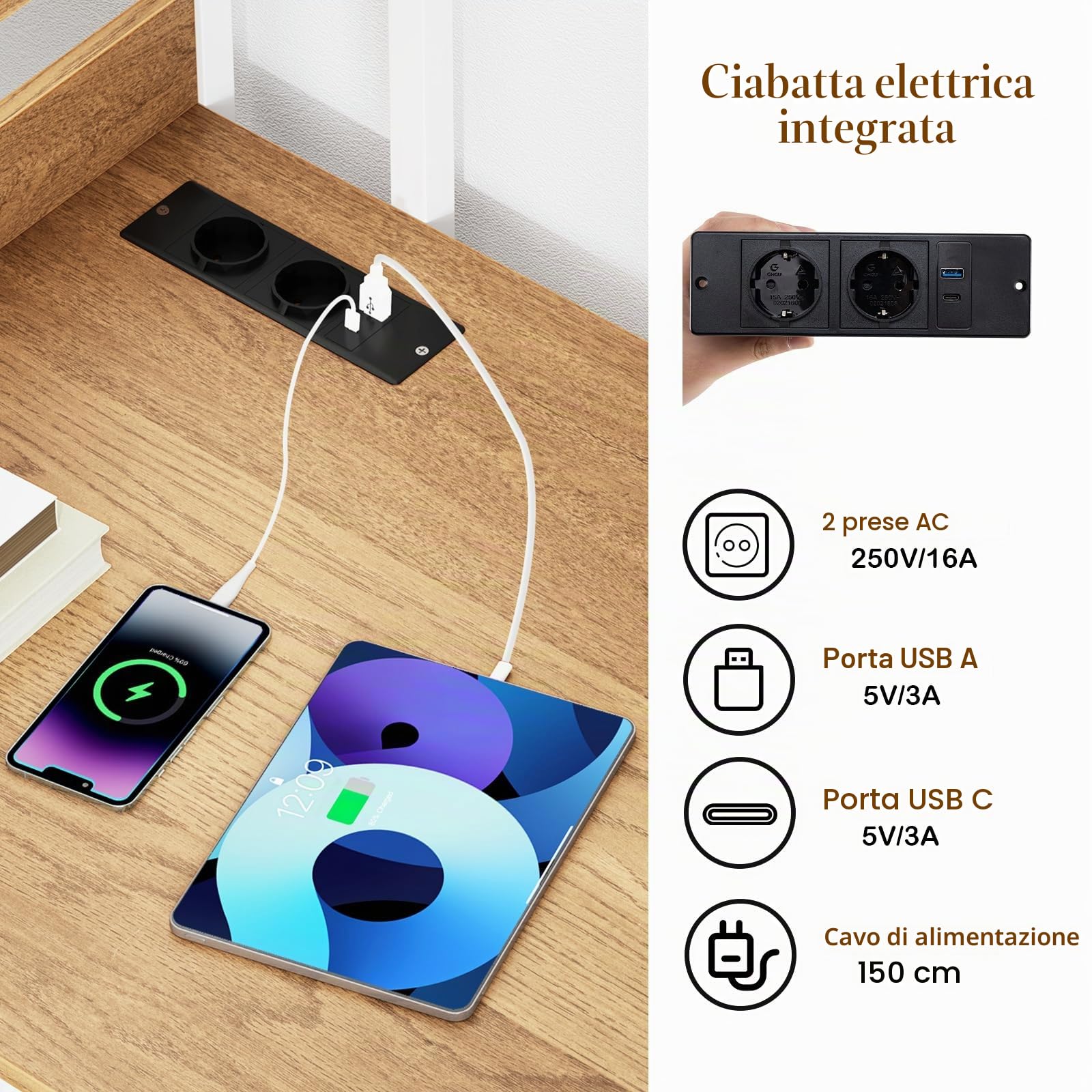 LIFEZEAL Scrivania con deposito e stazione di ricarica, 2 prese, porte USB A&C, tavolo computer in legno con 3 ripiani, telaio in metallo, postazione di lavoro 120 x 65 x 130 cm, per studio, giochi