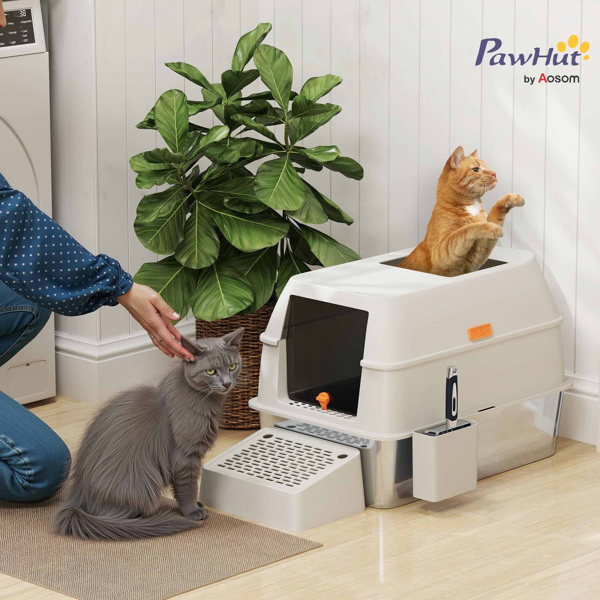 PawHut Arenero para Gatos Cubierto de Acero con Paso de Salida Gris Claro | Caja de Arena para Gatos, Pala de Acero