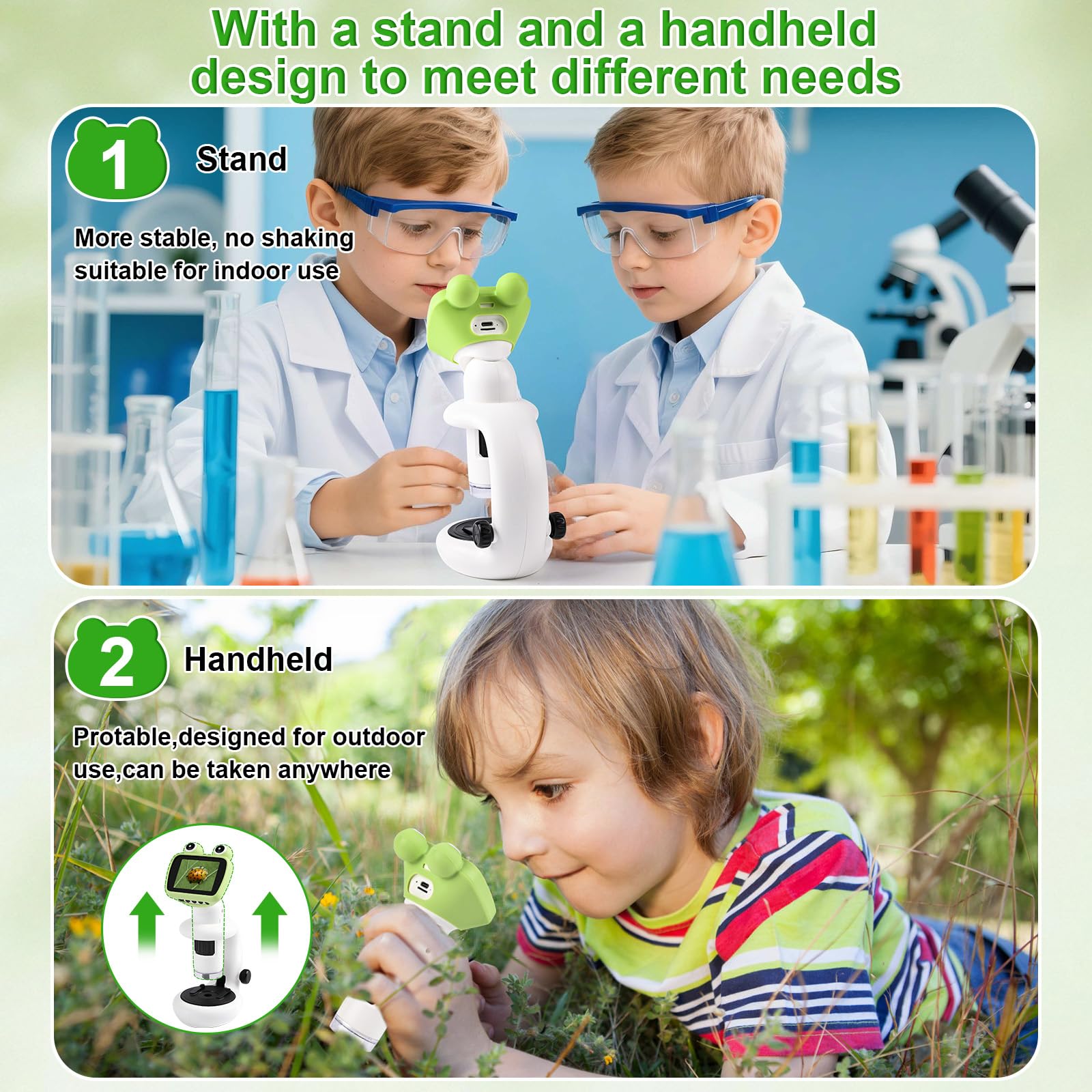 GuKKK Microscopio para Niños, Microscopio IPS de 2.0 Pulgadas,Minimicroscopio 1000X USB WiFi HD 1080P,Tarjeta de 32 GB,Microscopi Portátil para Niños con LED Fotos y Videos, Función Portátil y Fija