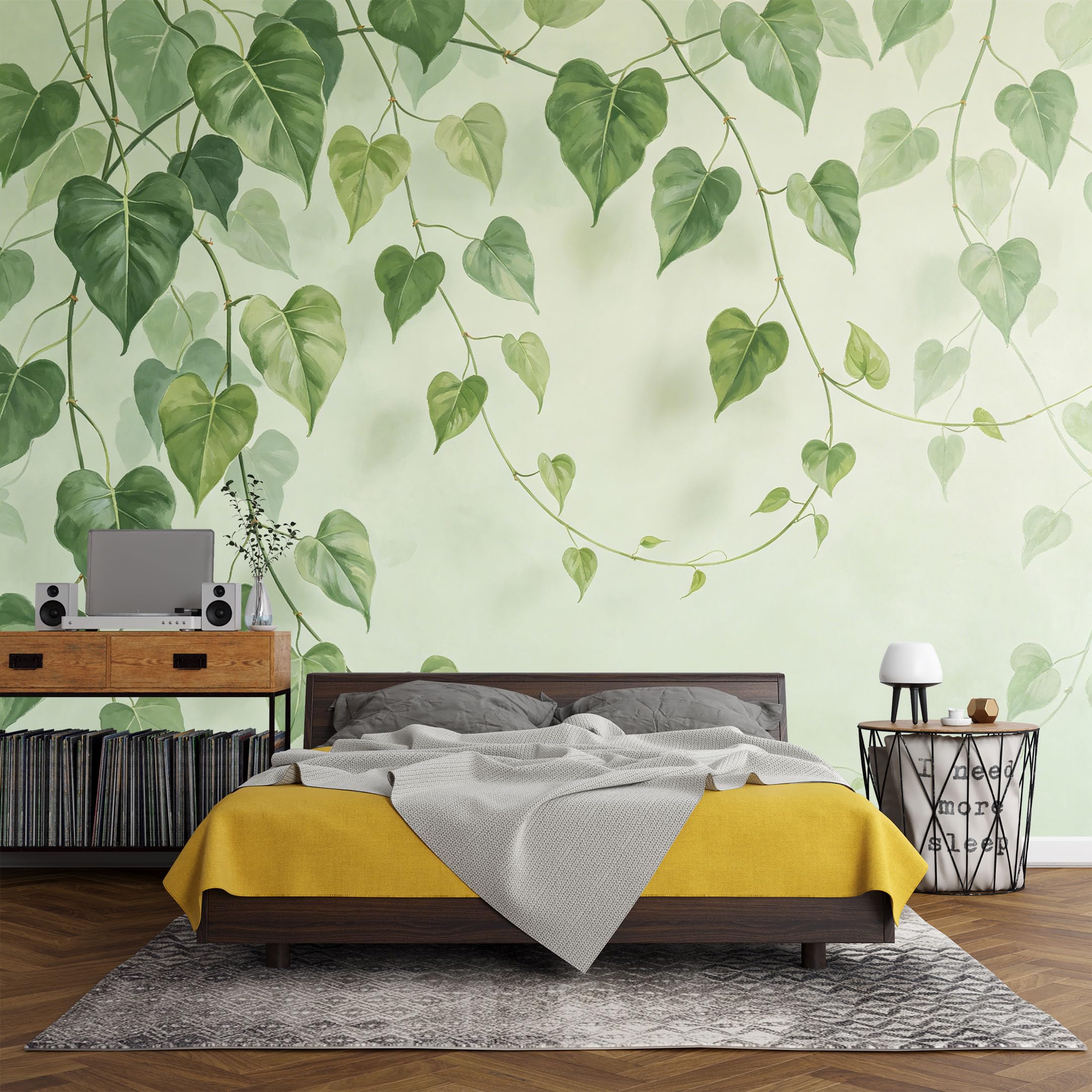Custom Size Wall Mural， Botanical Green Vine Leaves Watercolor Plant Art，SelfAdhesive Art Prints wall Fabric(No PVC) Removable Wallpaper Living Room Decor