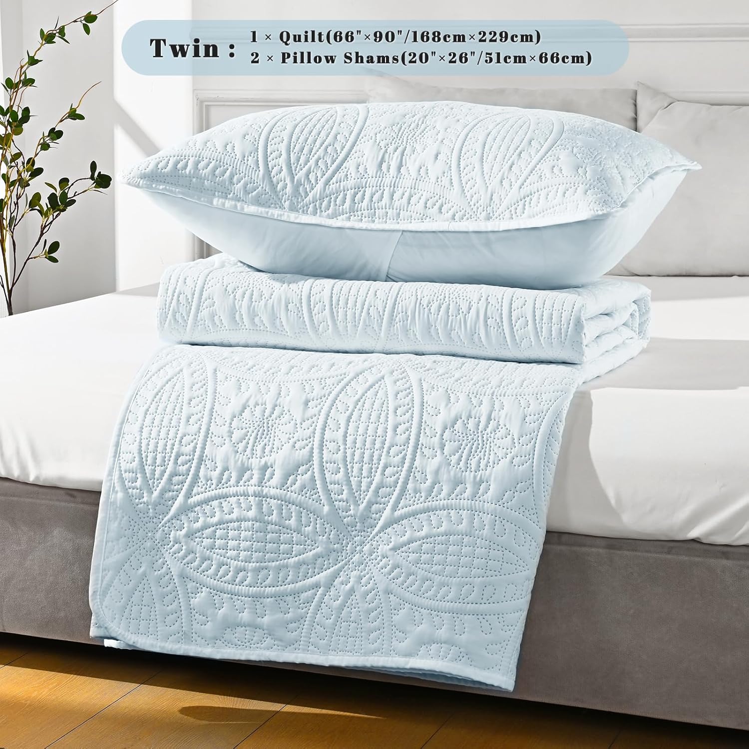 Quilts Set for Twin Size Bed, Soft Quilt Lightweight Microfiber Bedspread, Circle Geometric Pattern Ultrasonic Quilting Bedding Bedspreads with 2 Pillow Shams for All Season (Light Blue) - Image 7