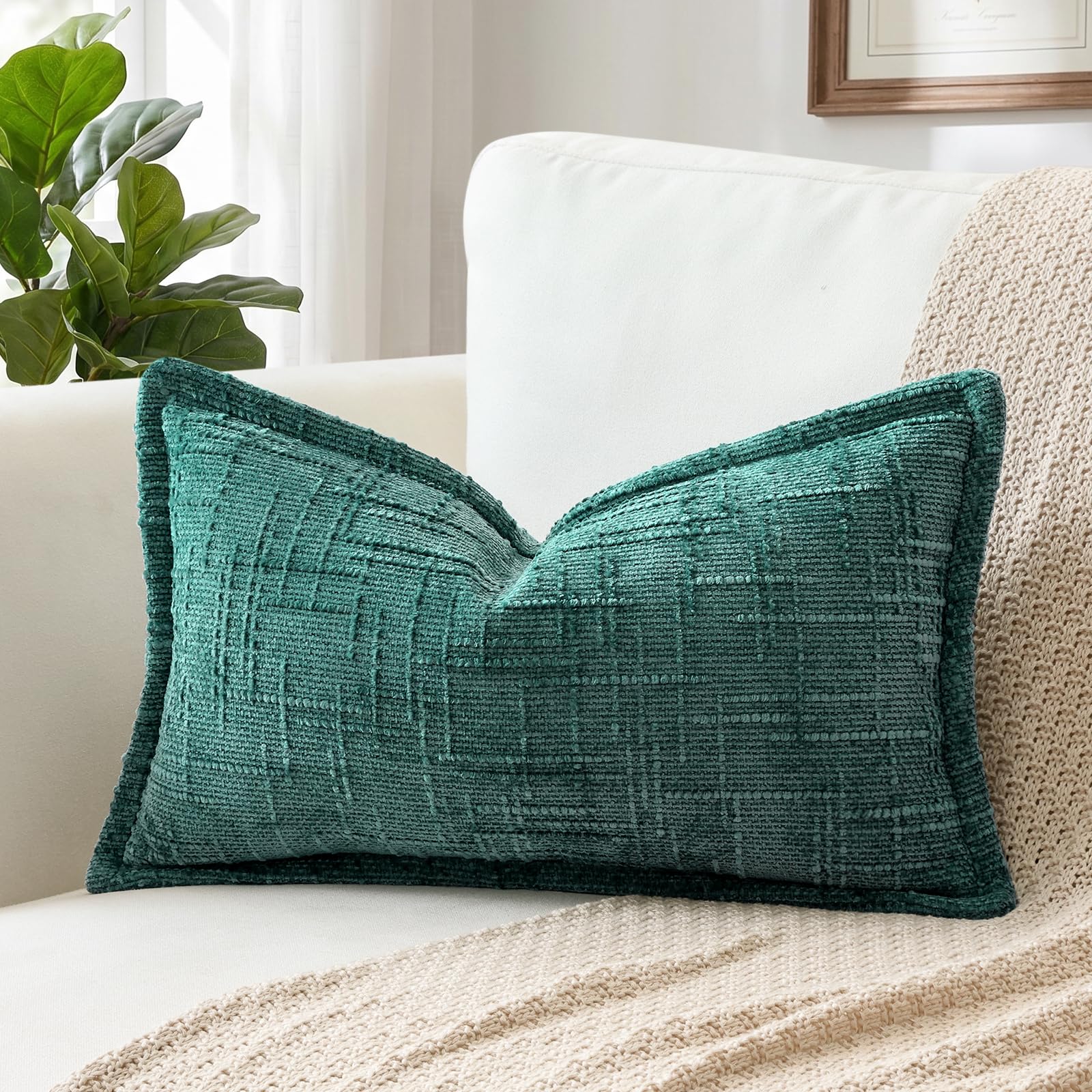 Sungeek Peacock Green Chenille Textured Decorative Cushion Cover, Soft Cozy Bound Edge Design Cushion Case, Solid Farmhouse Lumbar Pillow Case for Couch Sofa Bed Living Room, 30x50cm
