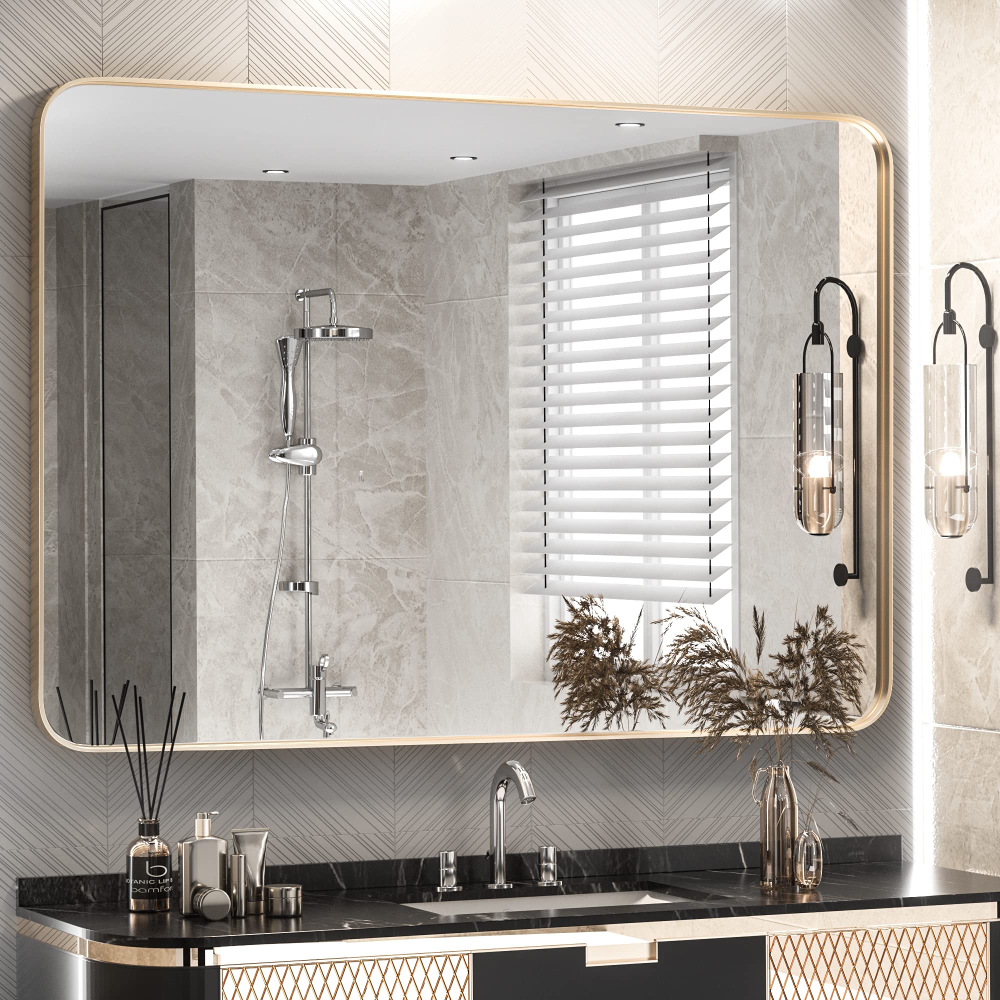 TokeShimi Gold Bathroom Mirror for Wall 40 x 30 Inch Brushed Brass ...