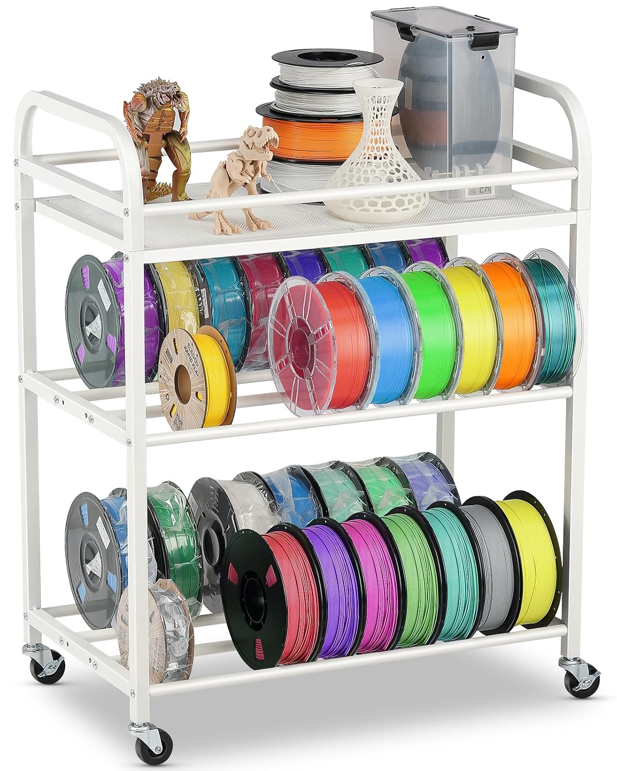 3D Printer Filament Storage Rack- Rolling Filament Spool Holders Racks with Wheels, Heavy Duty Metal Shelf for PLA/ABS/TPU/Nylon, Filaments Organzied for 3D Printing Studio, Office Workshop (White)