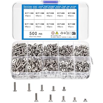 500pcs Metric Machine Screw Assortment Kit, Include 250pcs Hex Button Head Cap Bolts, 250pcs Hex Socket Flat Head Screws Bolts, M3 Stainless Steel Socket Bolt Set