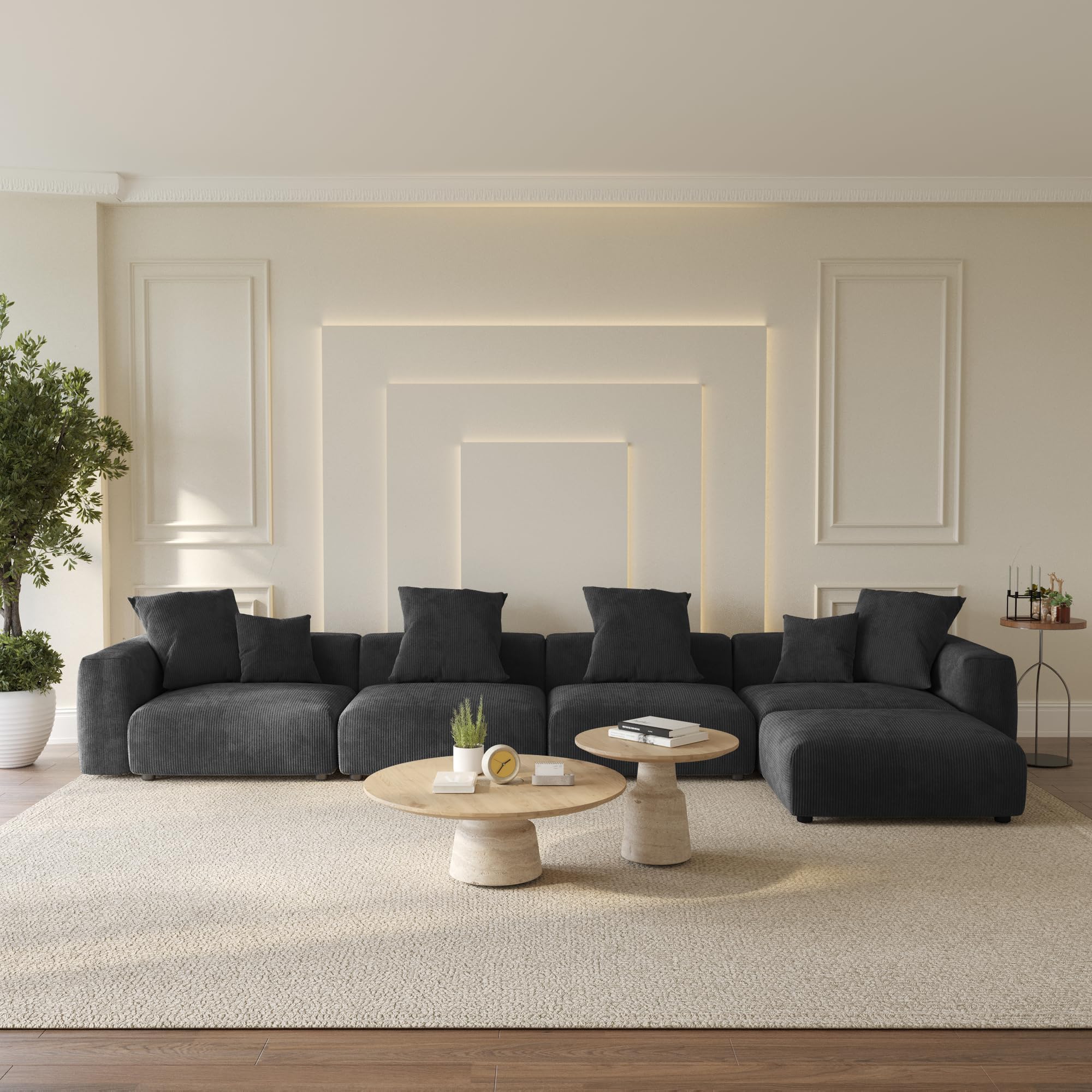 WJShome Oversized Modular Sectional Sofa with Ottomans,5 Seater Corduroy L Shaped Reversible Corner Couch,181.1" Convertible Sofa & Couch Free Combination for Living Rooom,Black