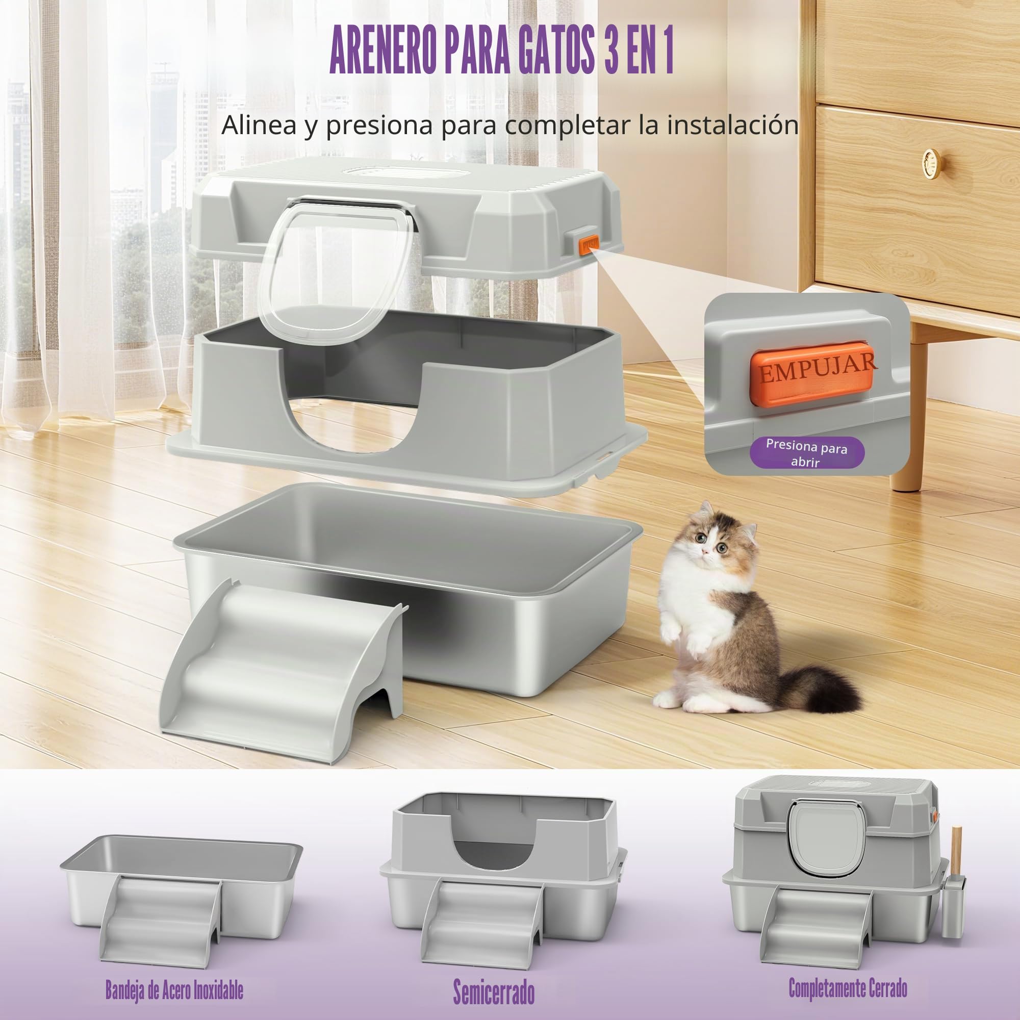 Arenero para Gatos de Acero Inoxidable para Gatos con Tapa, Caja de Arena Metálico Extraíble XXL con Tapa, Cuchara, Escalón, No Pegajoso, Sin Olores, Fácil de Limpiar (Gris Claro)