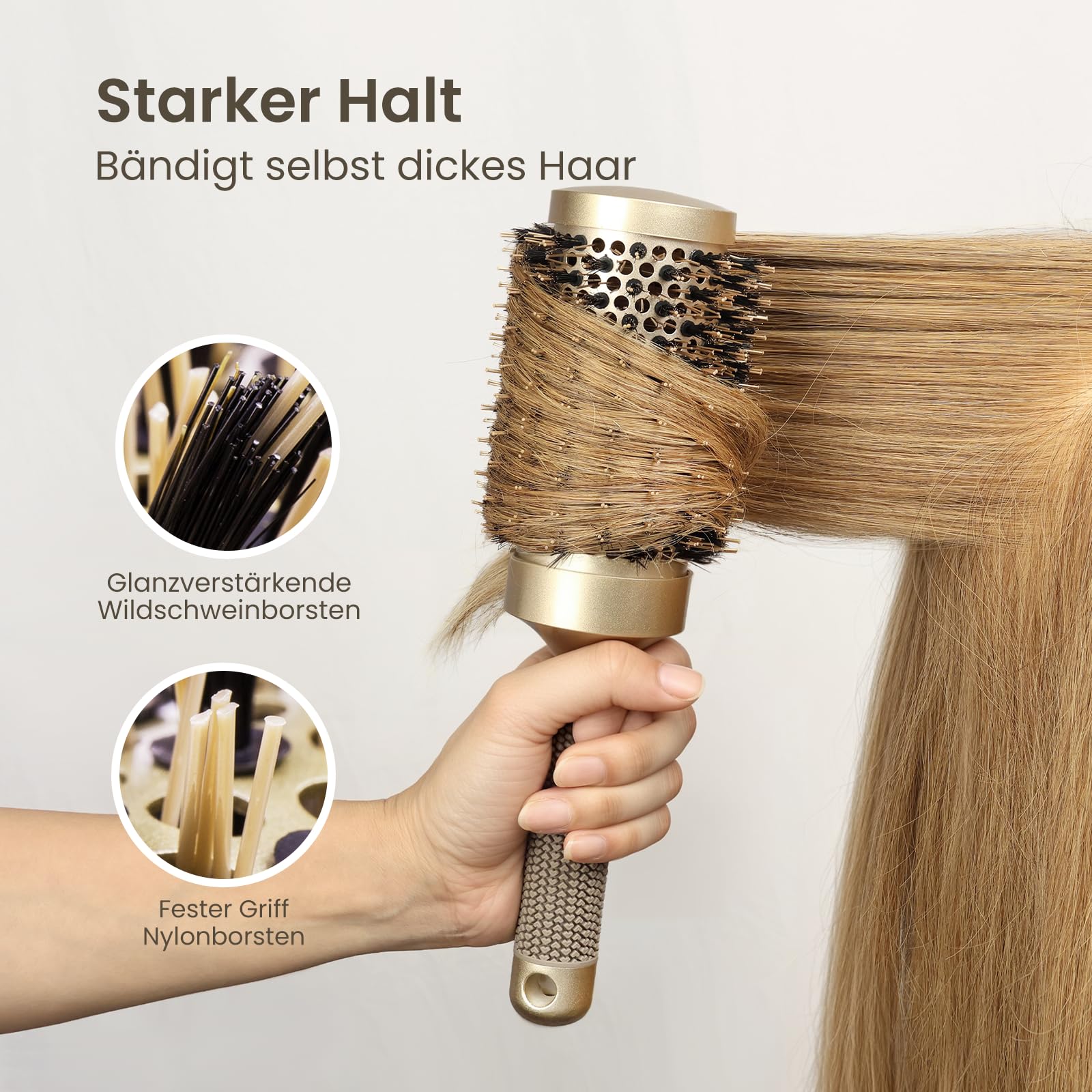 AIMIKE Grosse Rundbürste zum Föhnen für Lange Haare,Rundbürste Groß mit Wildschweinborsten und Rutschfestem Griff, Haarbürste Rund für das Trocknen der Haare, Glätte, Volumen und zum Glänzen-53MM