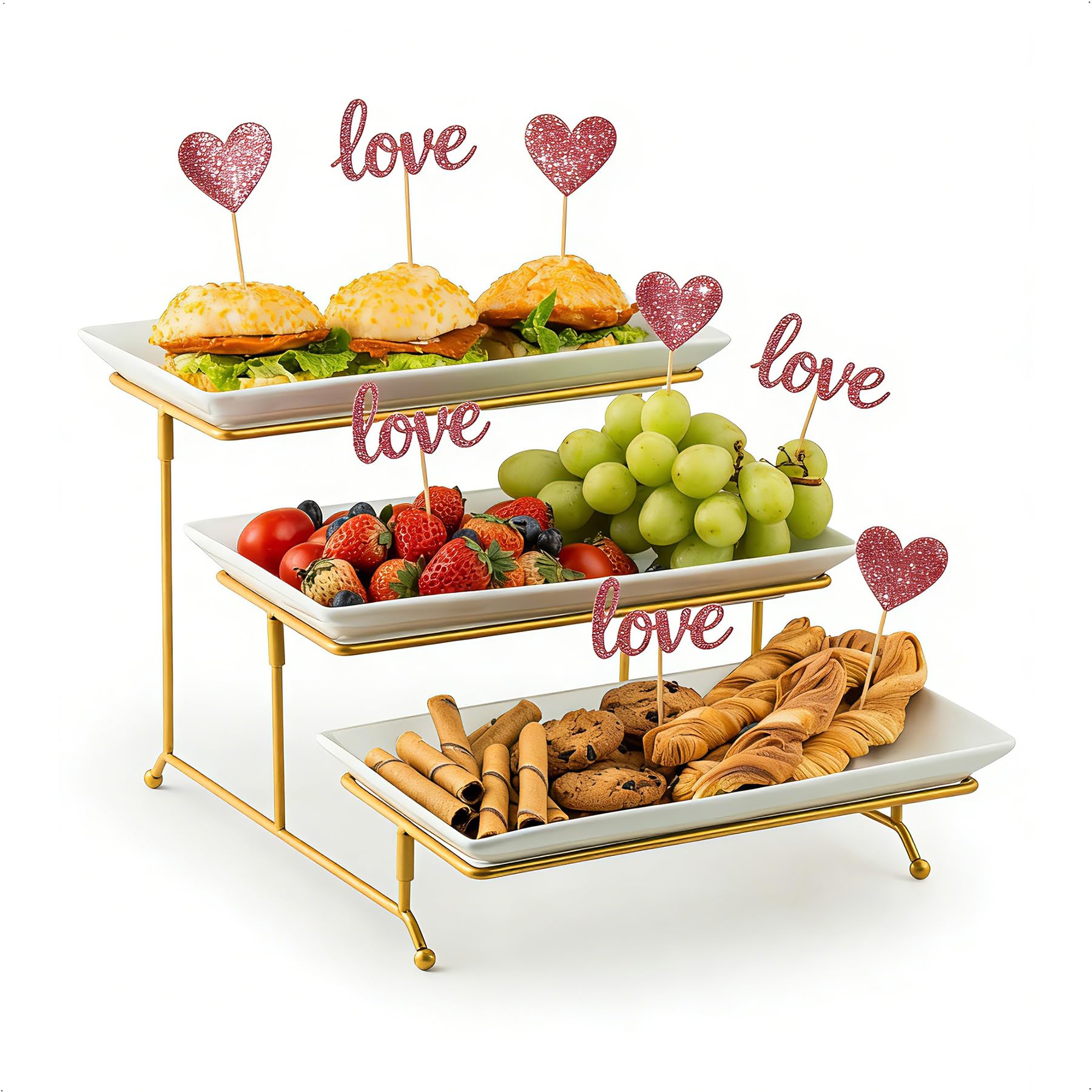 YHOSSEUN Large 3 Tier Serving Tray with Stand, Gold Serving Dishes for Entertaining, Suitable for Dessert Table Display, 12 inch, Porcelain & Metal, Rectangular, Formal, Solid, Dishwasher & Oven Safe