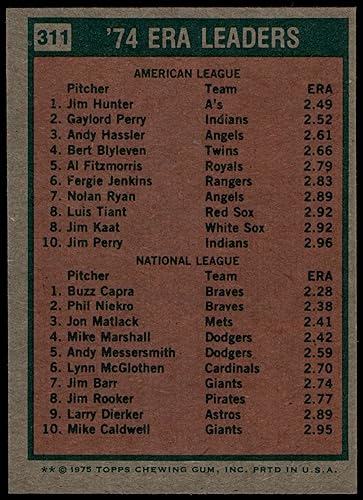 Miniatura 2 de 1975 Topps # 311 ERA Leaders Catfish HunterBuzz Capra AthleticsBraves (Baseball Card) EXMT AthleticsBraves