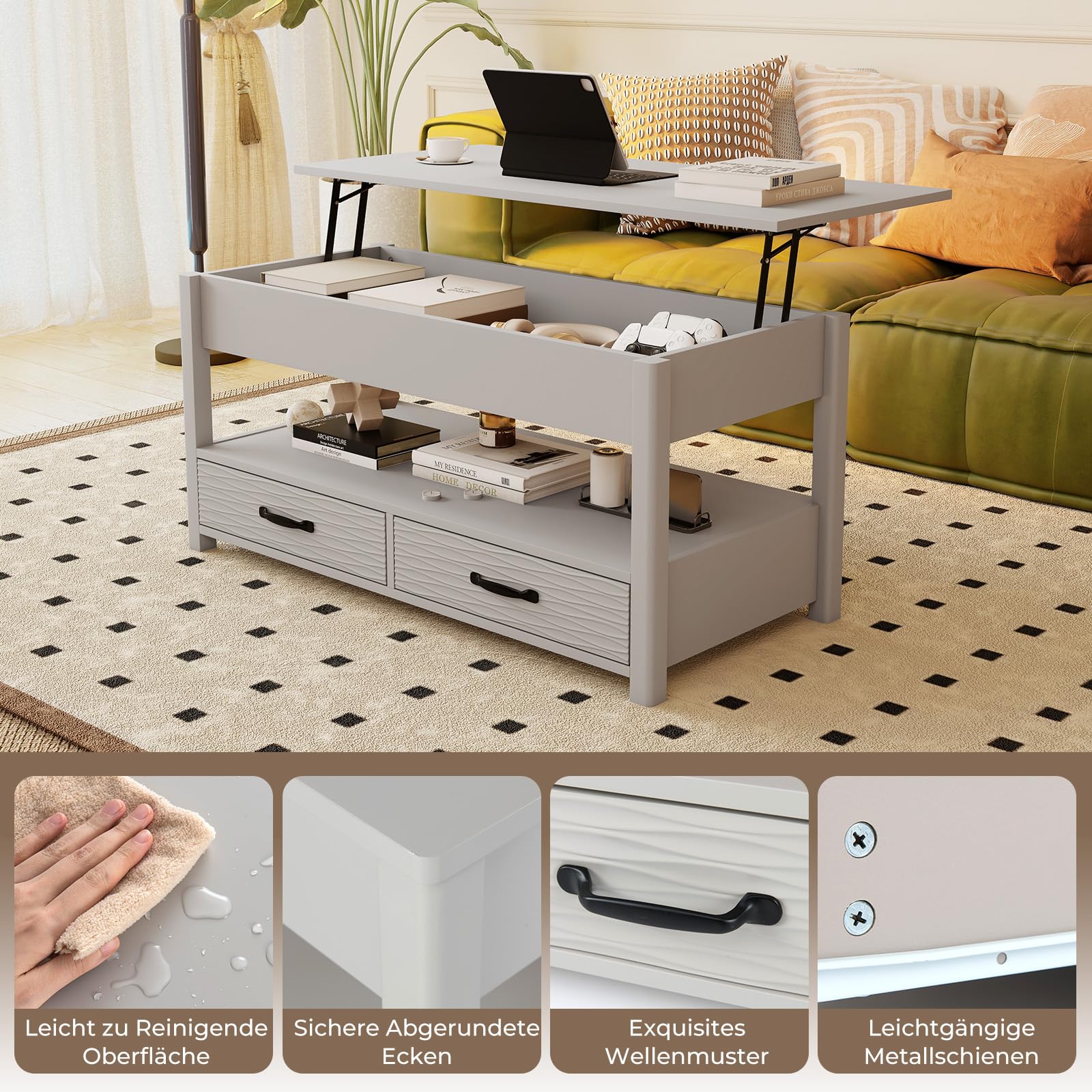 COSTWAY Couchtisch Höhenverstellbar, Sofatisch mit offene Ablage & 2 Schubladen, Wohnzimmertisch mit anhebbarer Tischplatte 50-63,5cm, Kafeetisch Holz für Wohnzimmer, Büro, Grau
